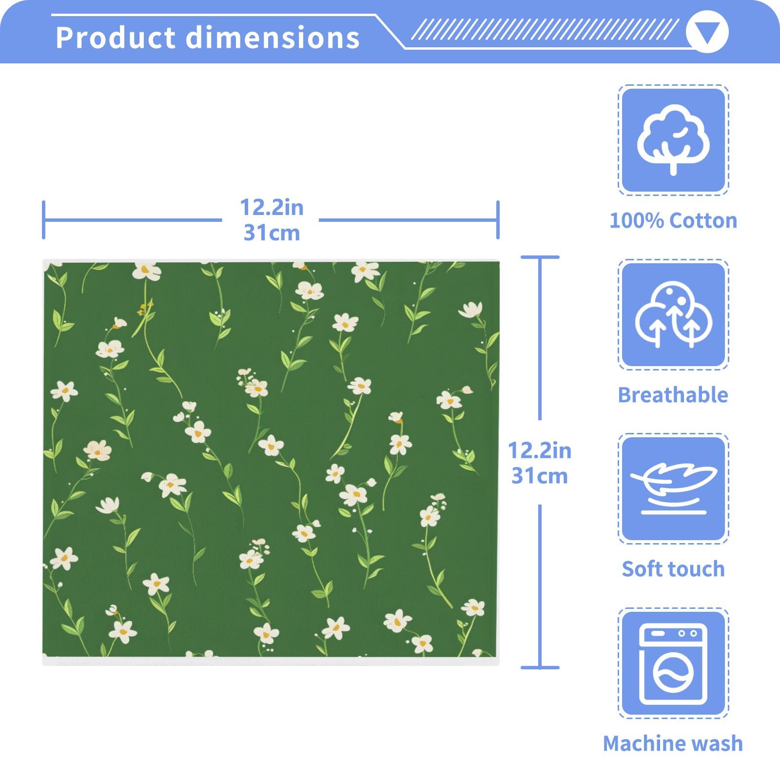 ALAZA Wash Cloth Set 100% Cotton Fingertip Towels Face Cloths Sets Green White Flowers Small Highly Absorbent Soft Feel Set of 2