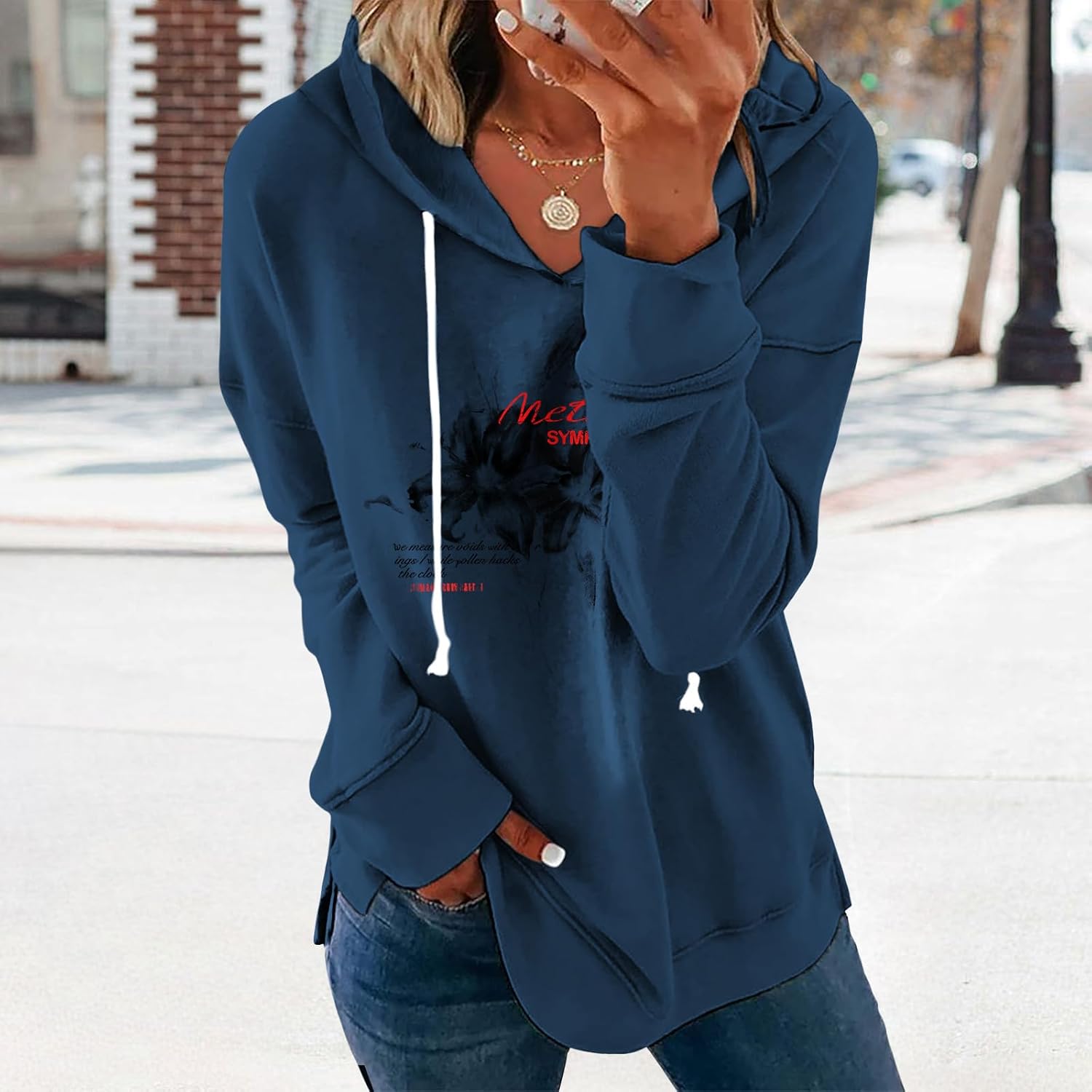 Women's Brick Red Hoodie Pullover Sweatshirt Cotton Blend Loose Fit Long Sleeve Fall Winter Top - Image 2