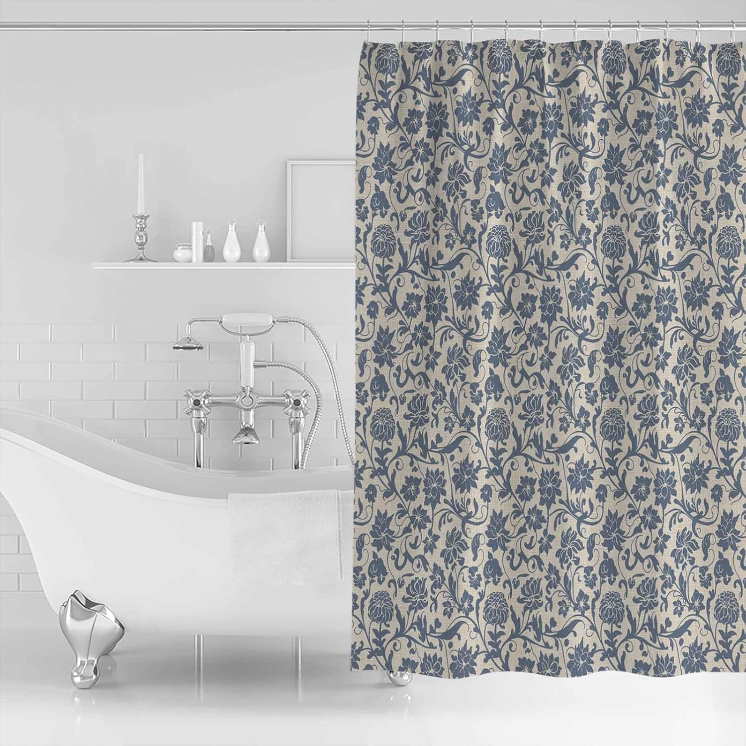 Vintage Botanical Blue Shower Curtain Set - 54" x 78" Washable Bathtub Curtain with 12 Hooks, Farmhouse Ethnic Floral Waterproof Fabric Stall Shower Curtains for Bathroom/Bathtub Décor