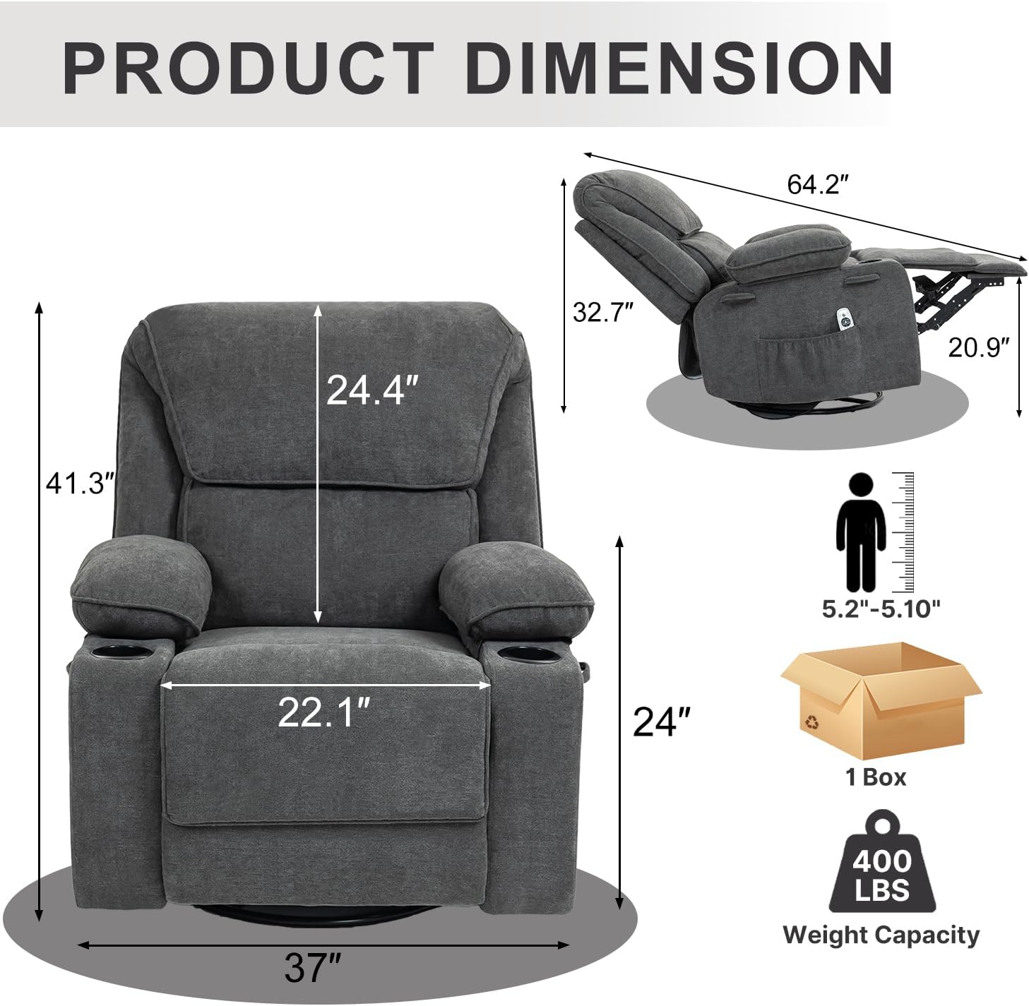 Rocker Recliner Chair with Massage Heated, 360°Swivel Rocking Manual Recliner Chairs with Cup Holders Remote Control for Living Room (Dark Grey)