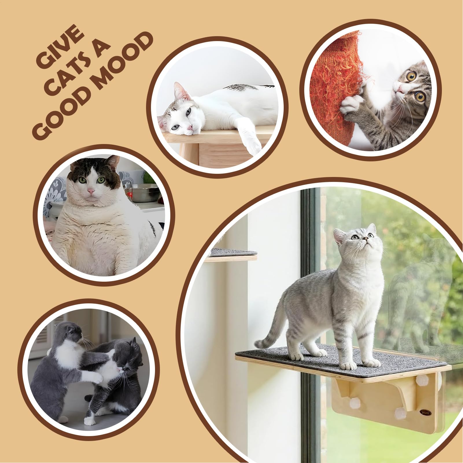 Balcón Ventana para Gatos Reposadero de Madera para Mascotas y Estable | Percha de Ventana para Trepar y Descansar Para Casa Departamento Sala Dormitorio Penthouse