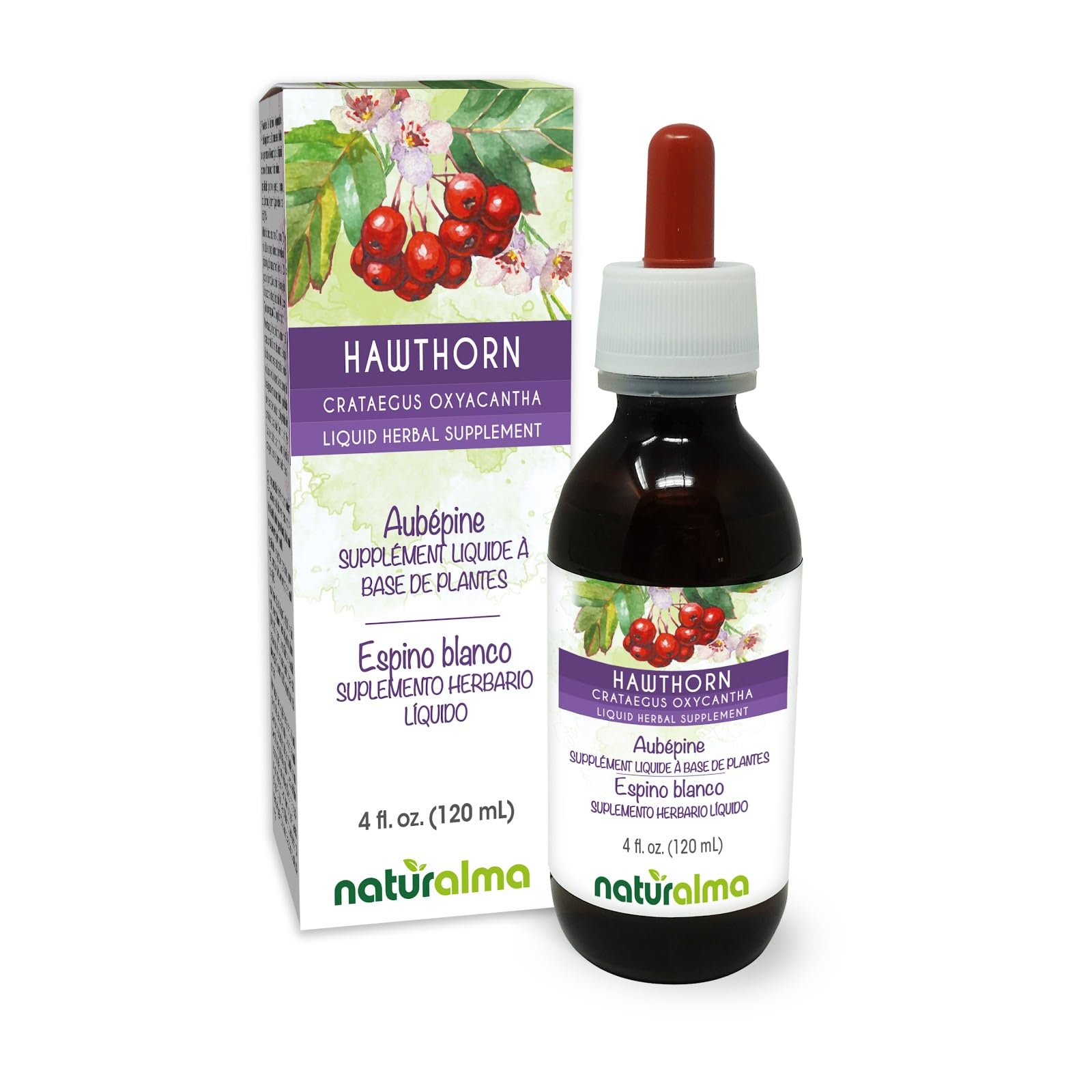 Naturalma Hawthorn (Crataegus oxyacantha) Leaf and Flower Alcohol-Free Tincture - 4 fl oz Liquid Extract in Drops - Herbal Supplement - Vegan 4 Fl Oz (Pack of 1)