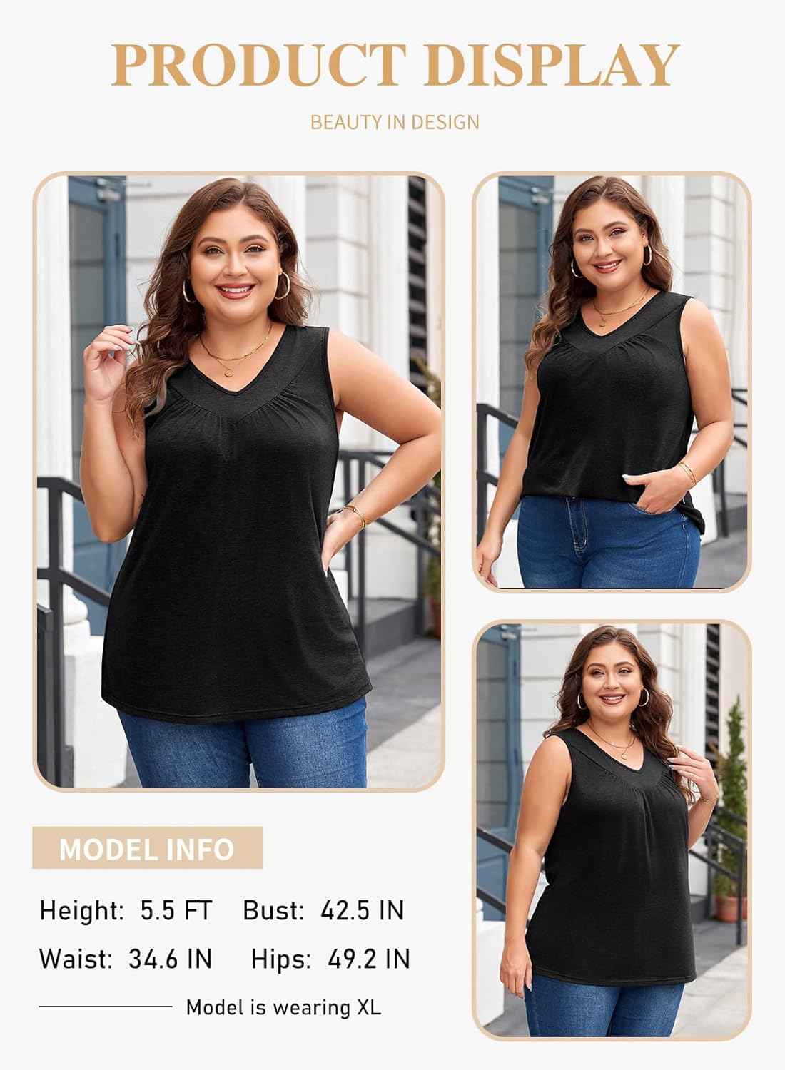 Eytino Plus Size Tank Tops for Women Summer V Neck Pleated Front Loose Casual Sleeveless Shirts Blouse(1X-5X) - Image 3