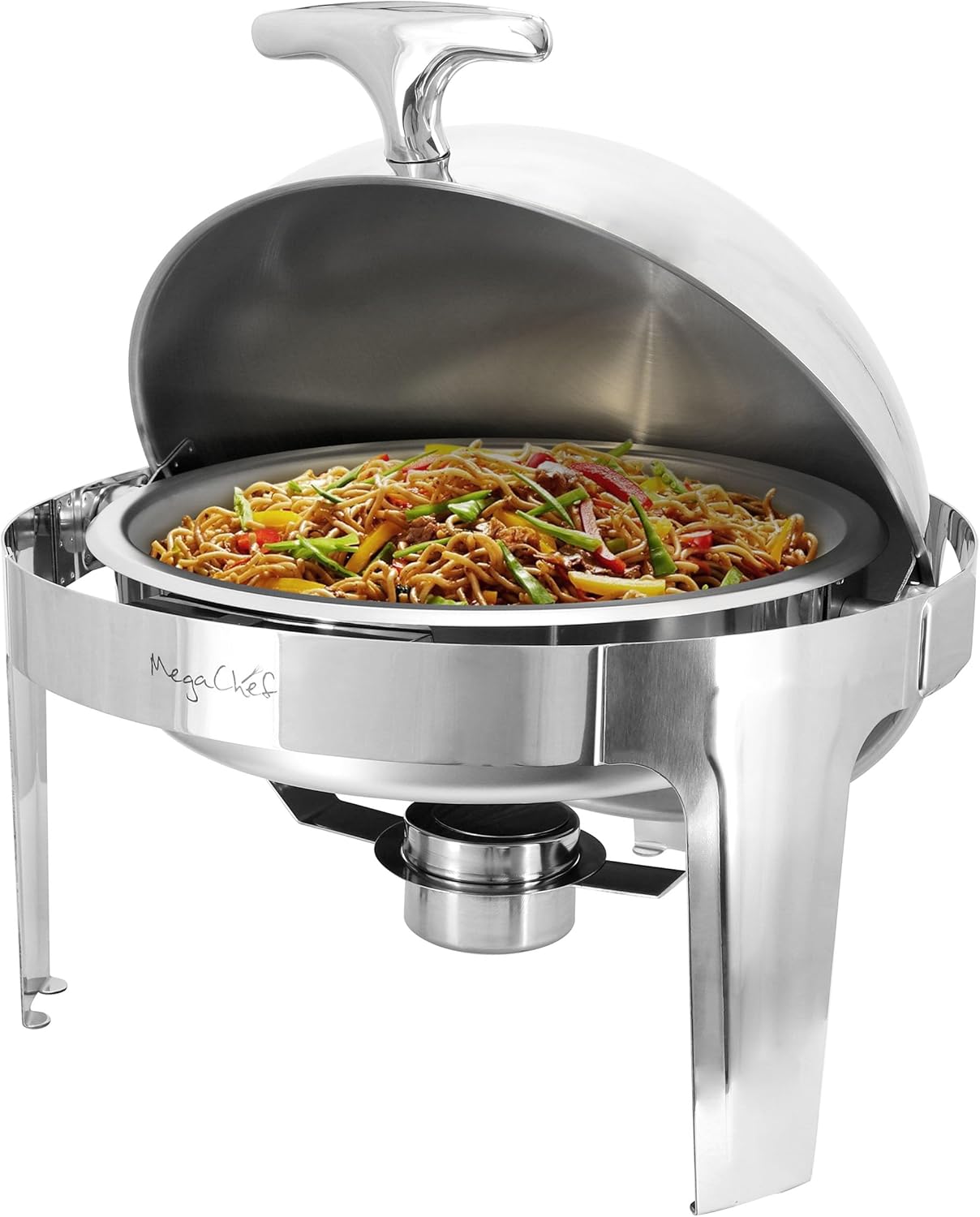 MegaChef 6.3 Quart Round Stainless Steel Professional Chafing Dish/Food Warmer/Buffet Server Serving Trays w/Window & Hinged Lid for Entertaining, Catering, Large Gatherings (6.3 Qt. w/Window)