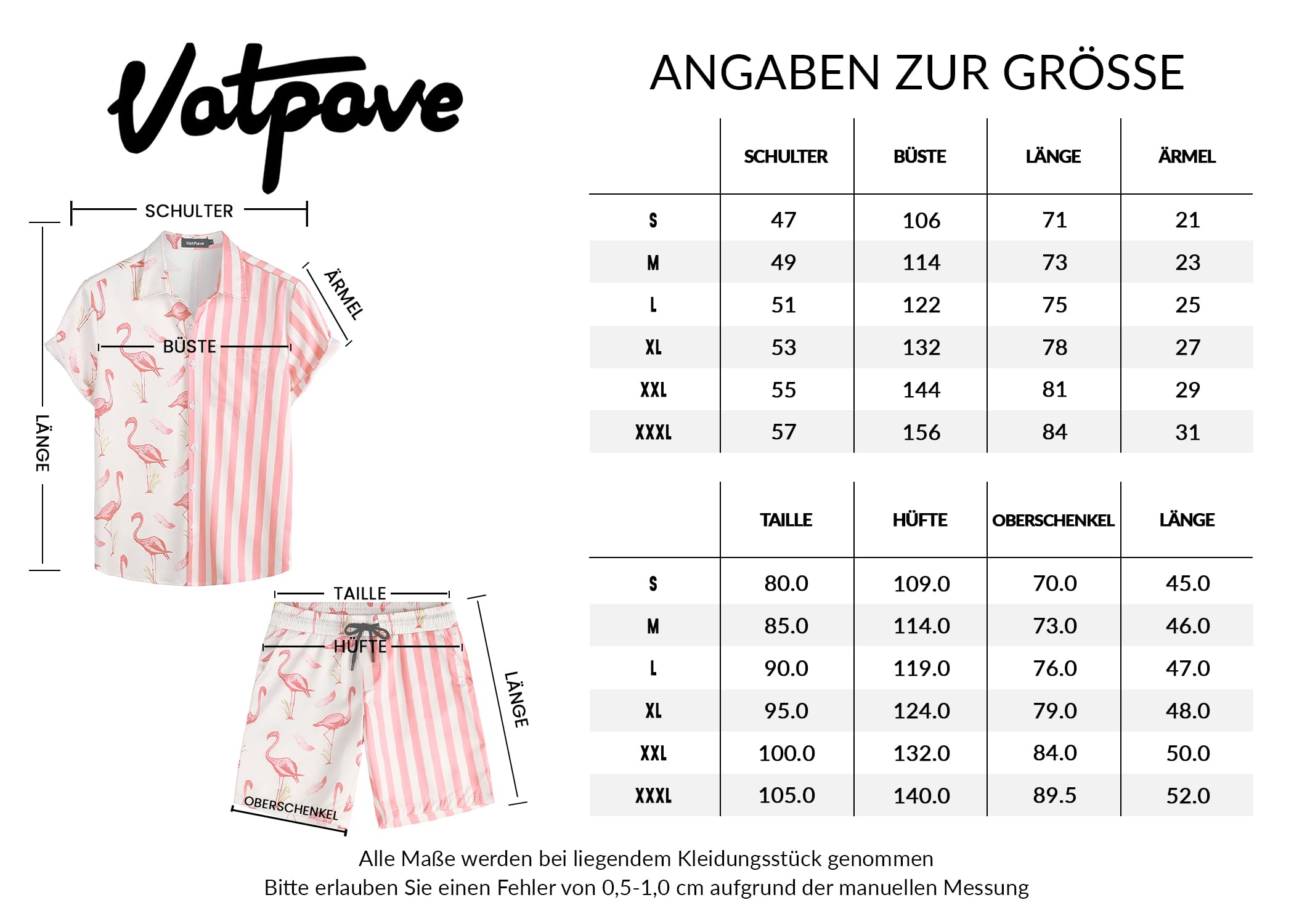VATPAVE Herren Flamingo Hawaii 2 Teiliges Sets Kurzarm Freizeithemden Strand Outfits