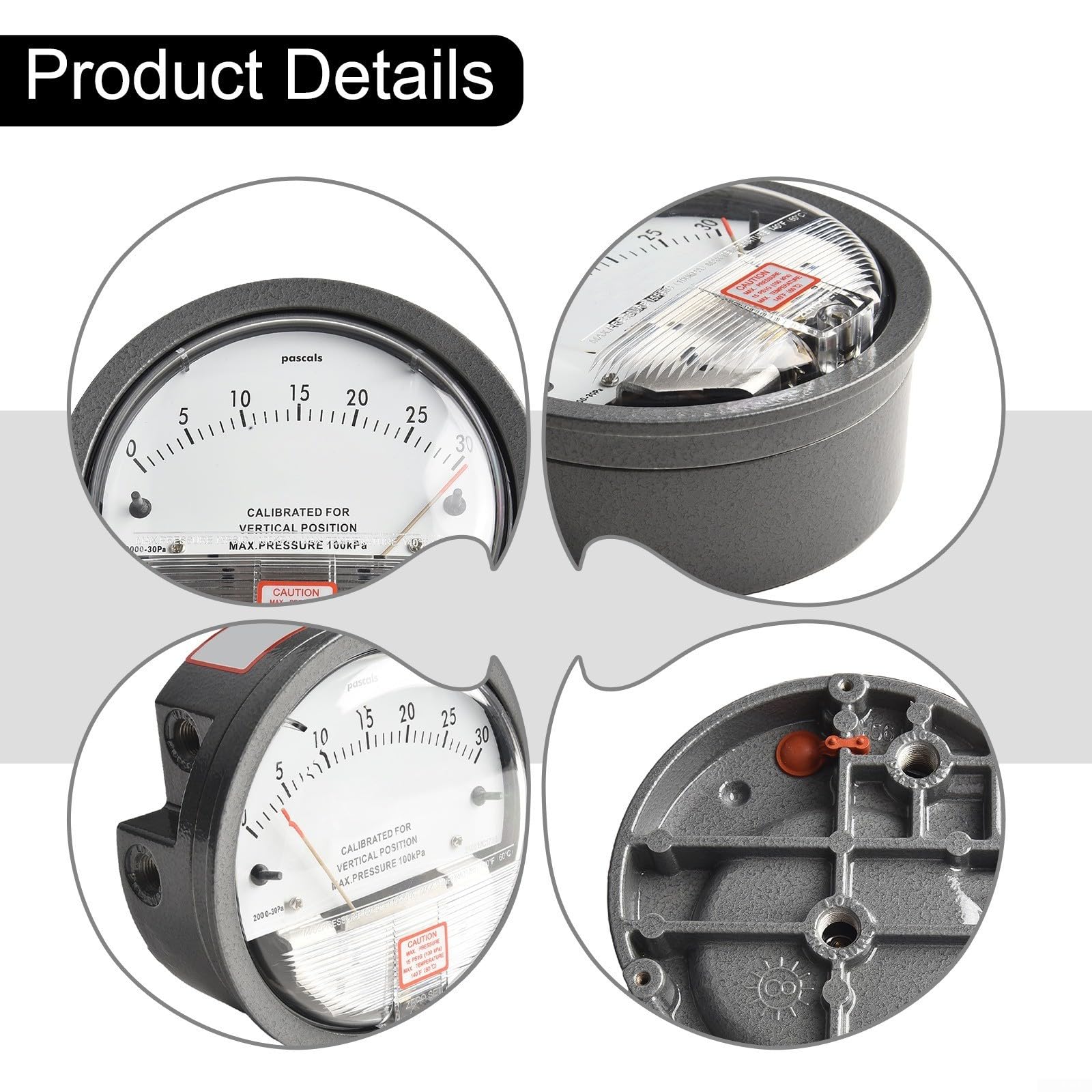 Analoges Differenzdruck-Manometer, 0–30 Pa bis 0–750 Pa Bereich, Aluminium, für Luftgasmessung in Reinräumen, HVAC, Pharmazeutischen und Aquakultur (0–30 Pa)