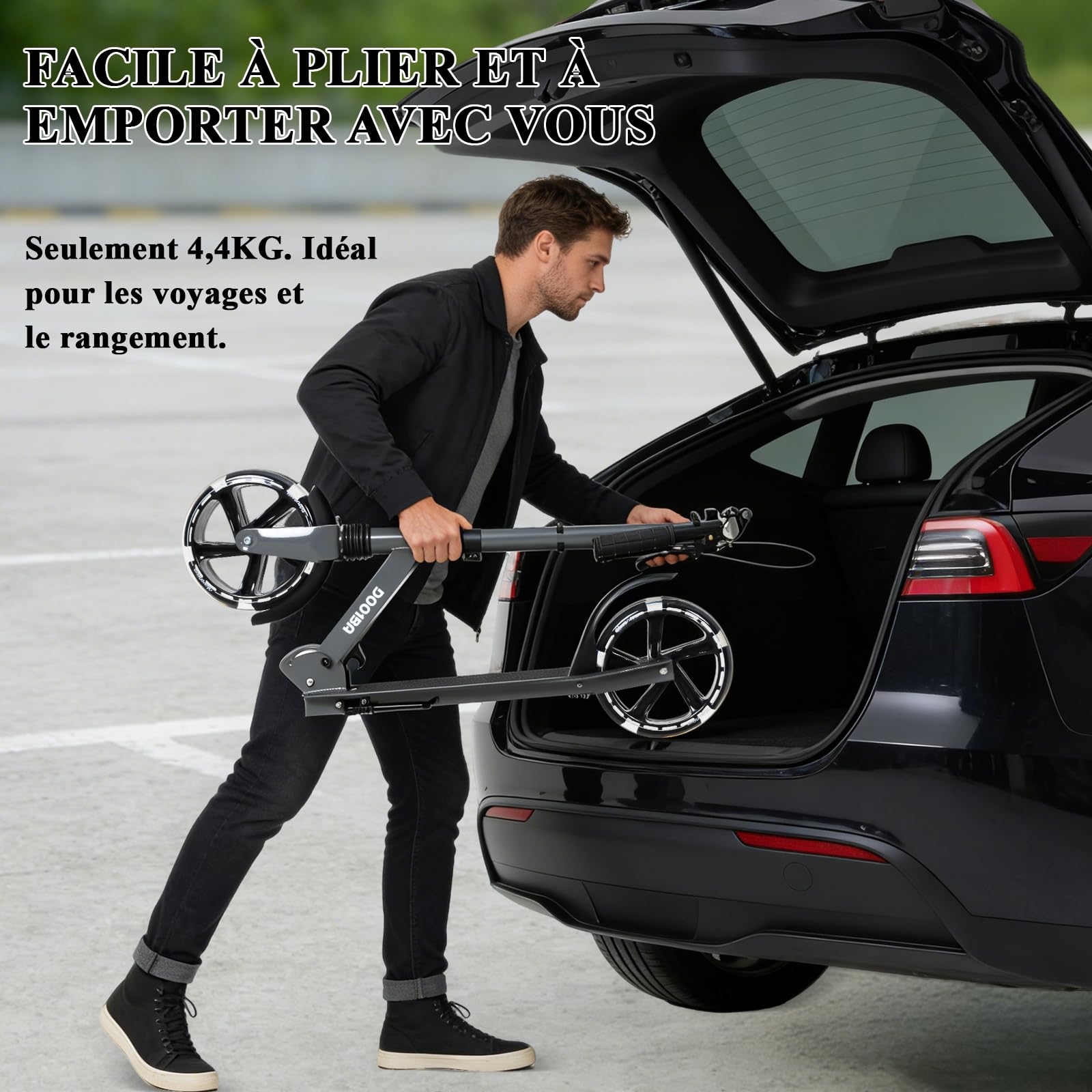 Trottinette Pliable Ado 9-14 Ans, Trottinette Adolescent avec Frein au Guidon, Trotinette Grande Roue 200MM, Trotinettes Guidon Hauteur Ajustable 3 Niveaux, Enfant/Ado 125-175CM, Charge 100KG