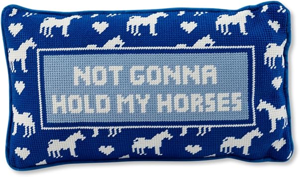 FURBISH Needlepoint Decorative Throw Pillow - Hold My Horses - 9" x 15" - Small Embroidered Accent Pillow for Bed, Chair, Couch, Sofa - Eclectic Home Decor
