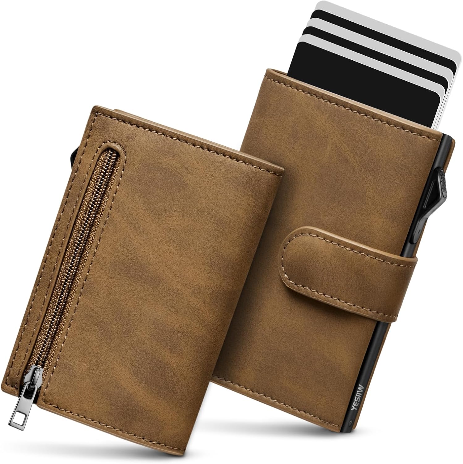 YESIIW Mens Wallets, Slim Credit Card Holder Wallet for Men, Pop Up Card Wallet RFID Blocking, Brown, Minimalist