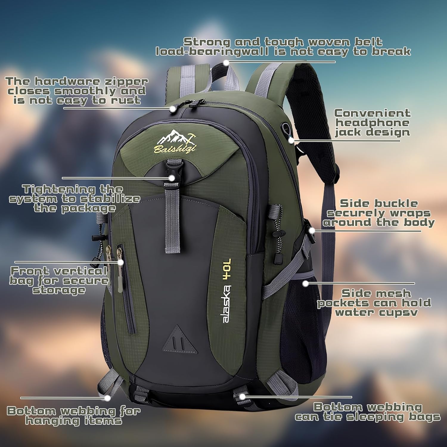 40L Hiking Backpack, Lightweight Daypack for Men, Polyester Rucksack, Breathable Backpack with Multi Pockets for Camping Walking Commuting Outdoor Short Trips-Green