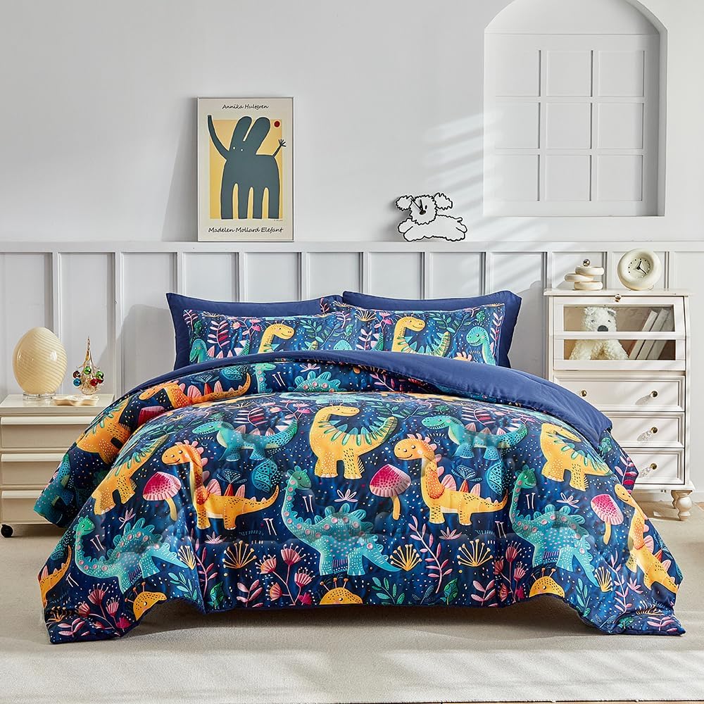 Wajade 7 Piece Dinosaur Comforter Set for Boys 3D Blue Dinosaur Print Bedding Set for Kids Teens Bed in A Bag Queen Size (1 Comforter, 1 Flat Sheet, 1 Fitted Sheet, 2 Pillowcase and 2 Pillow Sham)