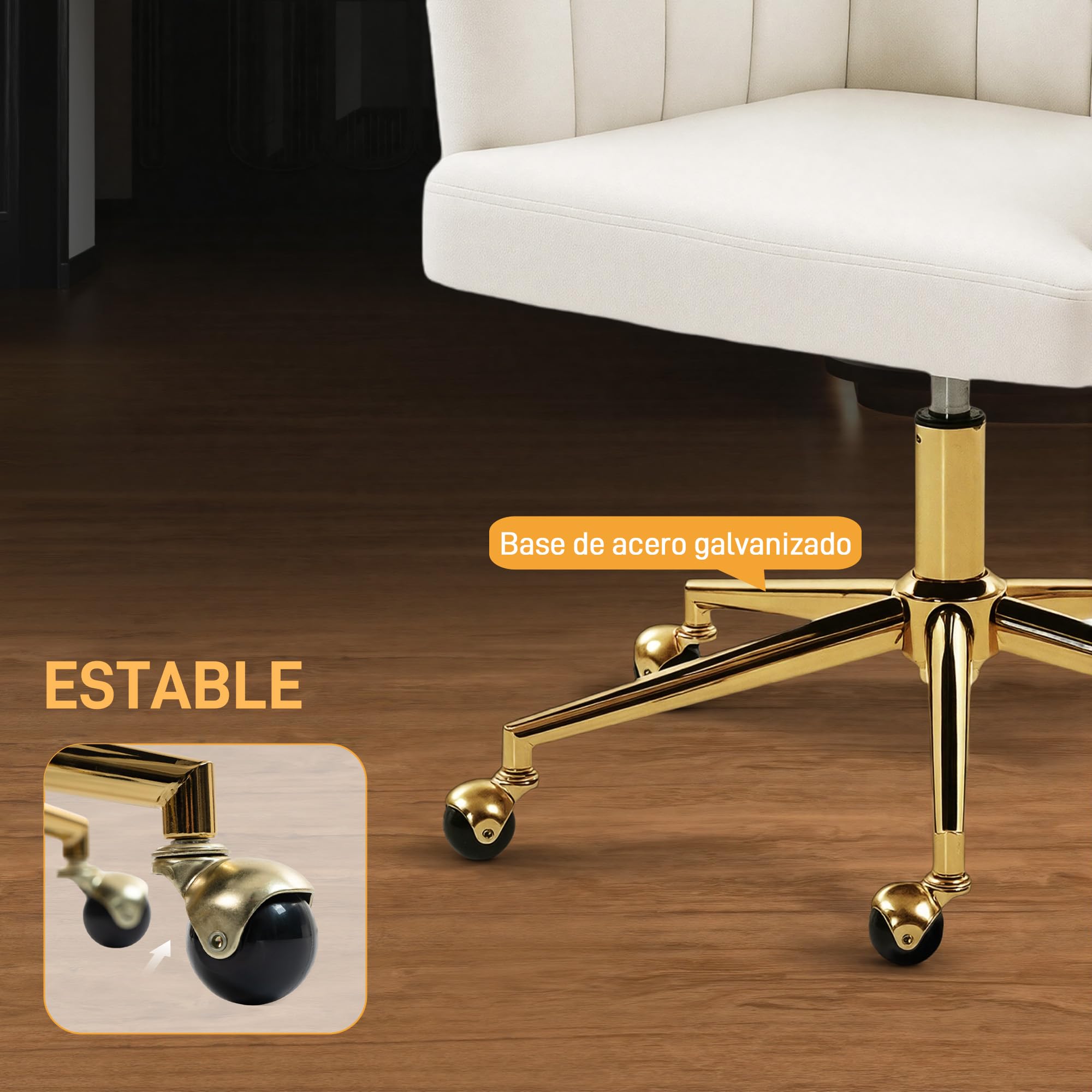 HOMCOM Silla de Oficina con Ruedas, Silla de Escritorio de Terciopel Crema | Respaldo Acolchado con Costuras, Asiento Ancho, Altura Ajustable, Espuma de Alta Resiliencia, para Casa, Oficina