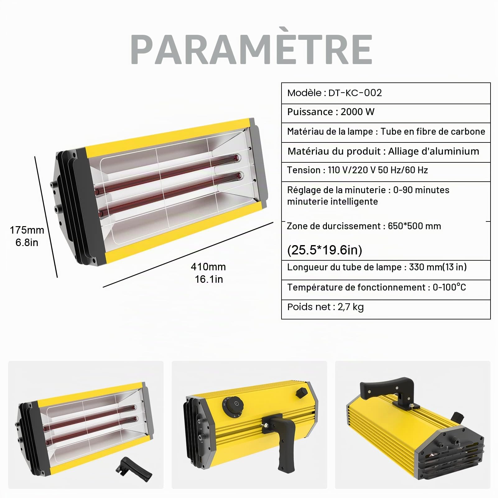 DATOUBOSS 2000W Sèche-Peinture à Main Infrarouge 230V Lampe de Peinture Infrarouge Sèche-Peinture Infrarouge adapté à la Peinture de Voiture Peinture sur tôle séchage partiel des Meubles