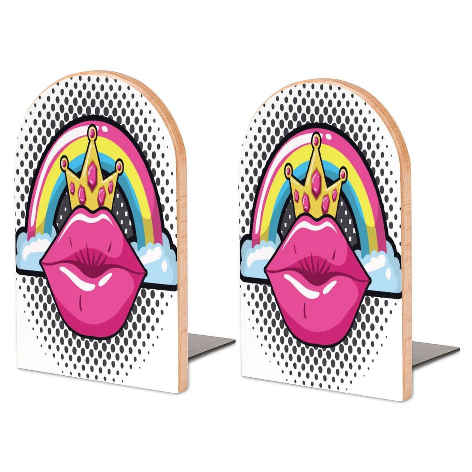 Hxywqa Multi13 2 Bookends Red Lips Rainbow Thickened Bookends S Wooden Storage Bookshelf, Suitable For Home, Office, Study Room, School, Library