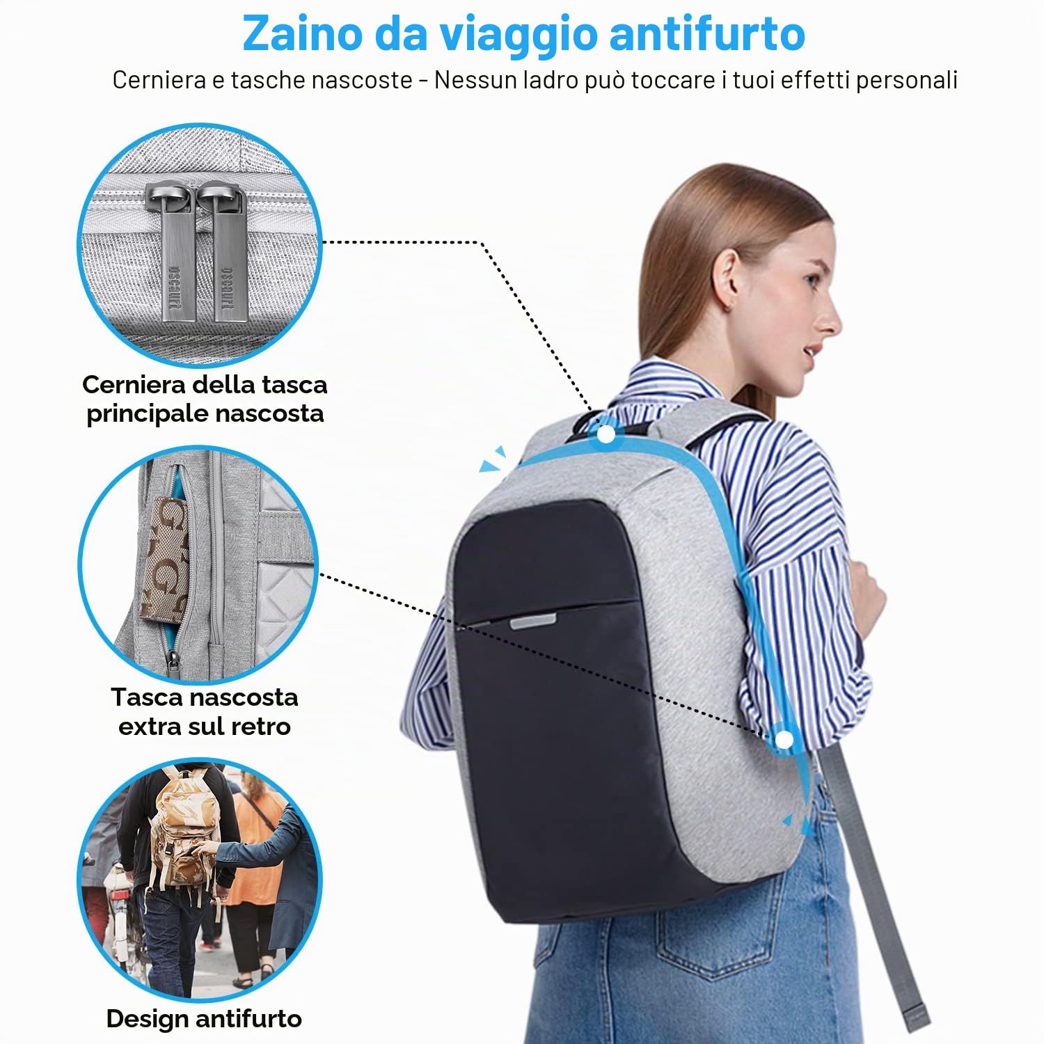 Oscaurt Zaino antifurto da 15,6” per computer portatile da viaggio con porta di ricarica USB, borsa per computer aziendale unisex