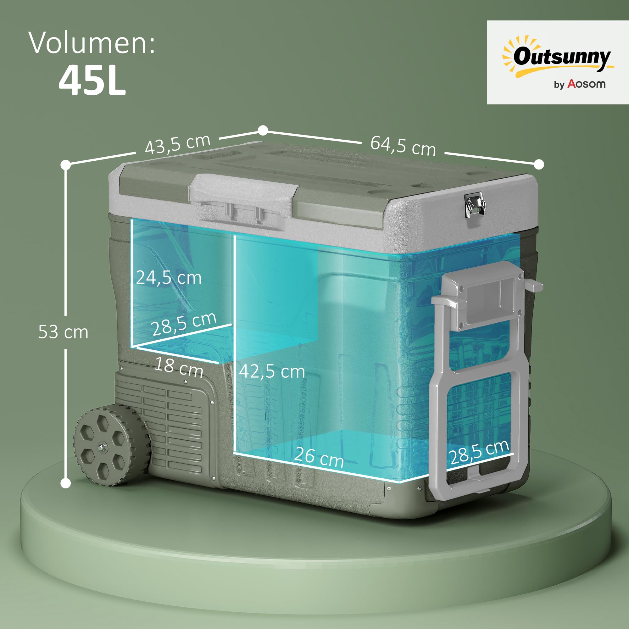 Outsunny Nevera Portátil Eléctrica 45L 12V/24V 64,5x43,5x53 cm Verde | Refrigerador de Coche, -20℃ a +20℃, Mini Frigorífico, con Ruedas, Compresor, Pantalla LED Táctil, para Camping Viajes