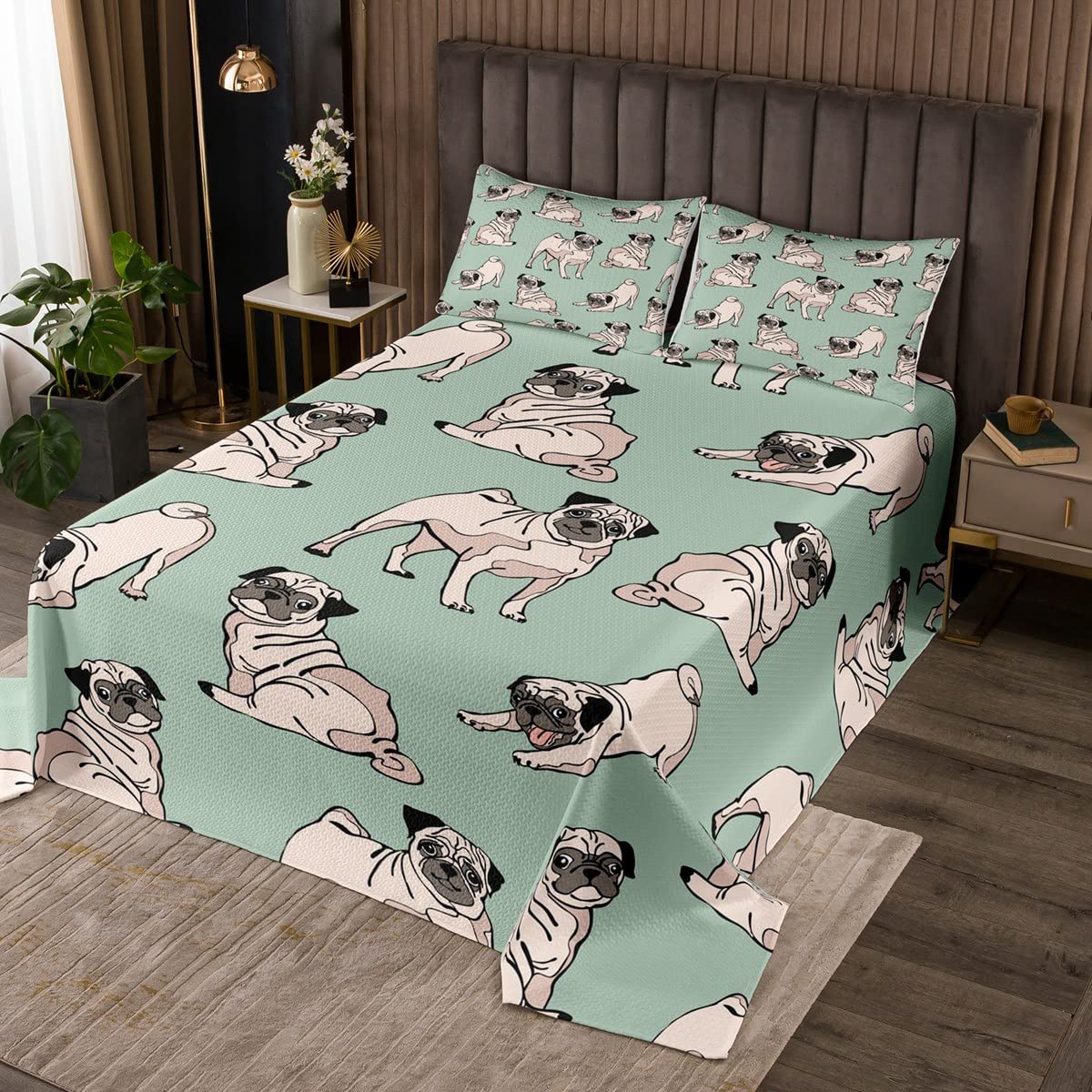 Loussiesd Słodkie psy zestaw kołder kreskówka mops pies narzuta hipisowski mops szczeniak pikowana narzuta na łóżko dla dzieci dorosłych kawaii zwierzę ultra miękka pościel podwójny rozmiar zestaw