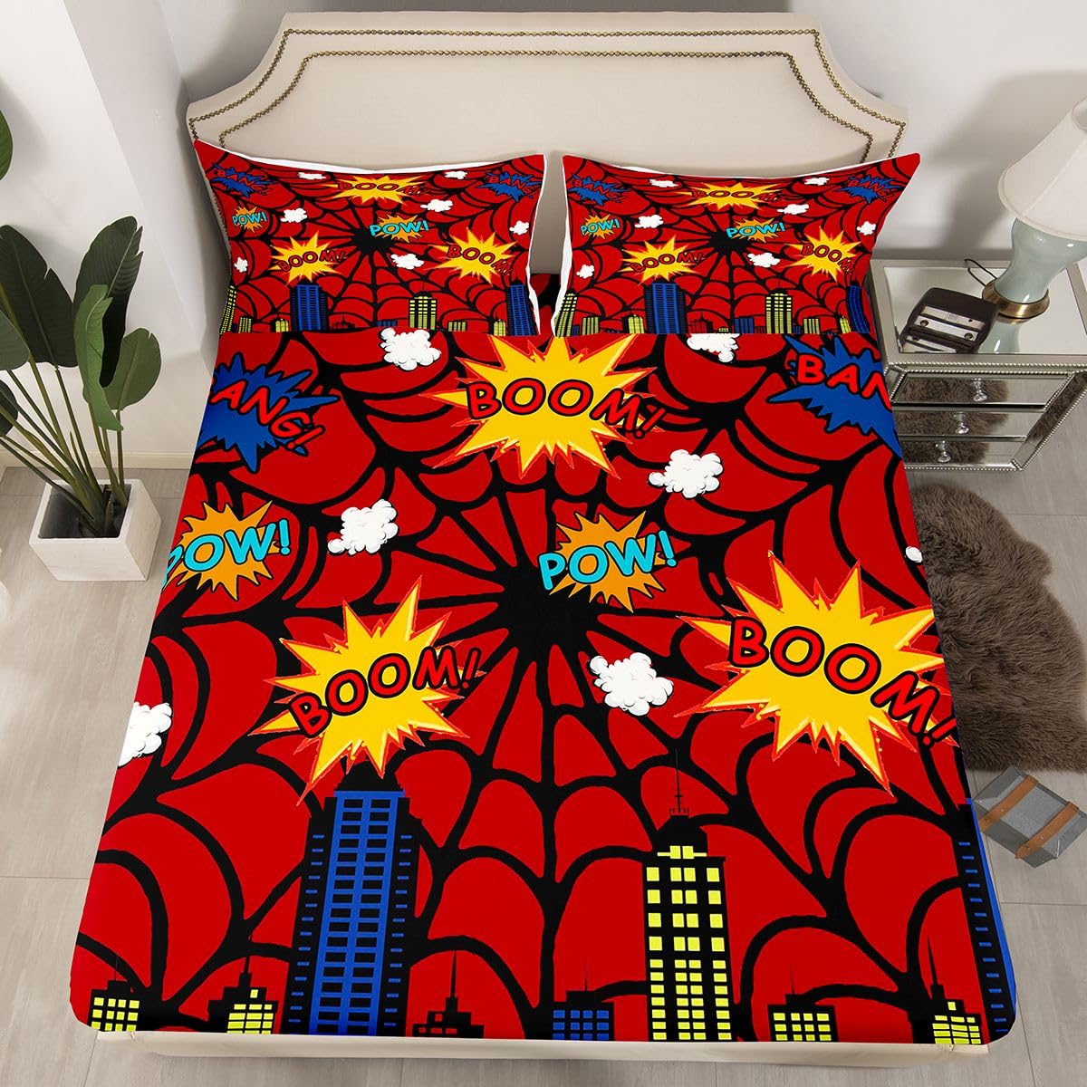 Sábana bajera ajustable de telaraña tamaño King (no plana), juego de ropa de cama de 3 piezas, diseño de edificio urbano de dibujos animados, decoración de habitación de niños y mujeres, sábanas con
