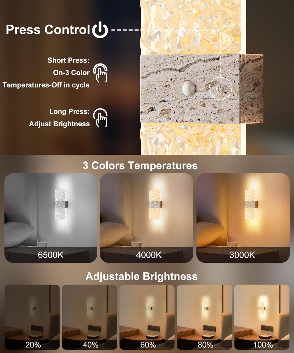 Motion Sensor Light Indoor, 2600 mAh Rechargeable Battery Operated Wall Sconce Set of 2, 0-80LM Dimmable, 3 Colors, Always-On and Dusk to Dawn Motion Mode, Wireless Night Light, Marble Color