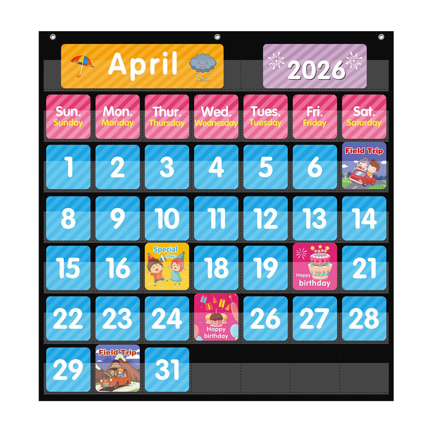 Photo 1 of REGELETO Large 44 Pockets Calendar Pocket Chart for Classroom with 85 Cards, Size:25” X 24” Monthly Calendar and Weather Black Pocket Chart for Students Learning for Home or School (44 Pockets)