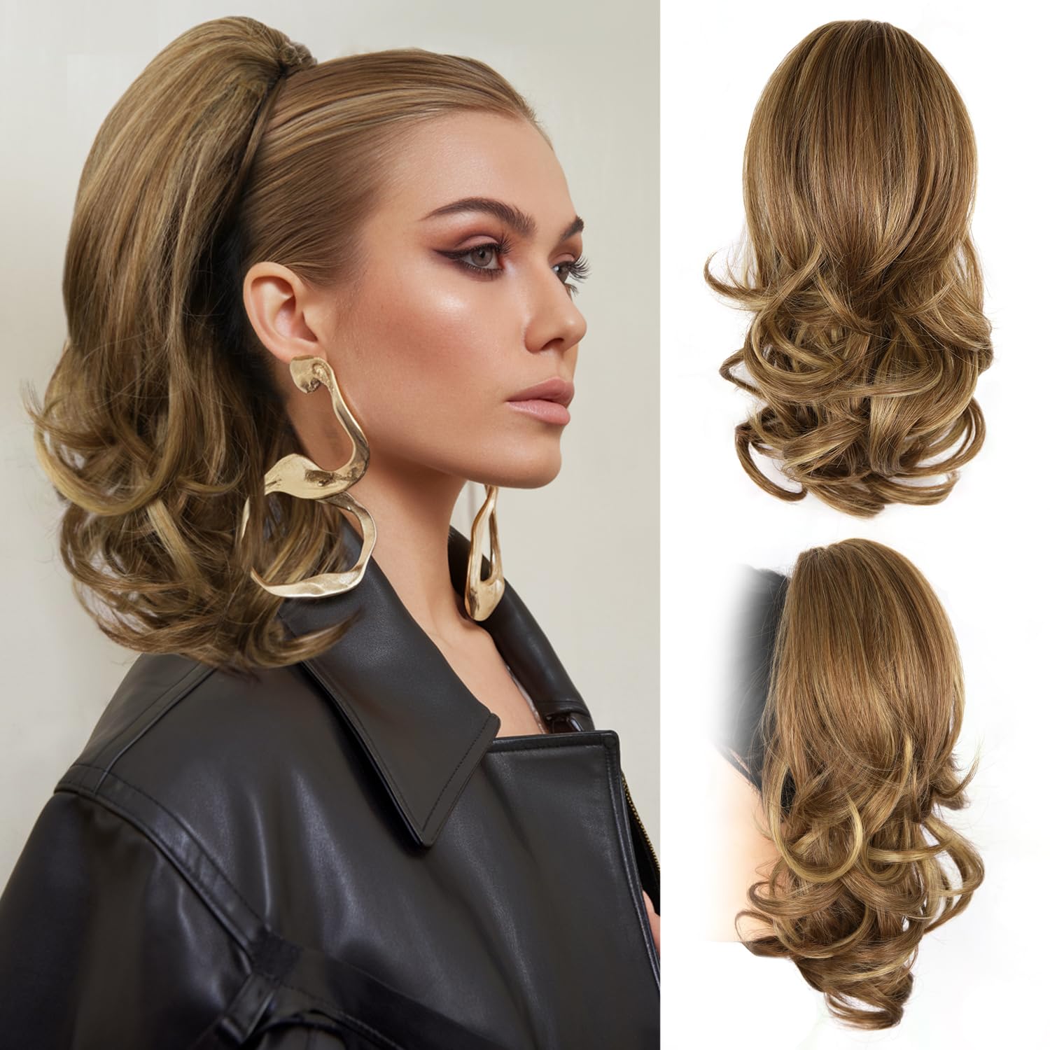 Photo 1 of 14 Inch Ponytail Extension - Soft Wavy Pony Tails Hair Extensions, Claw Clip Ponytail Extension, Synthetic Hair Extensions Ponytail, Clip in Ponytail (Color: Light Brown With Blonde Highlights)