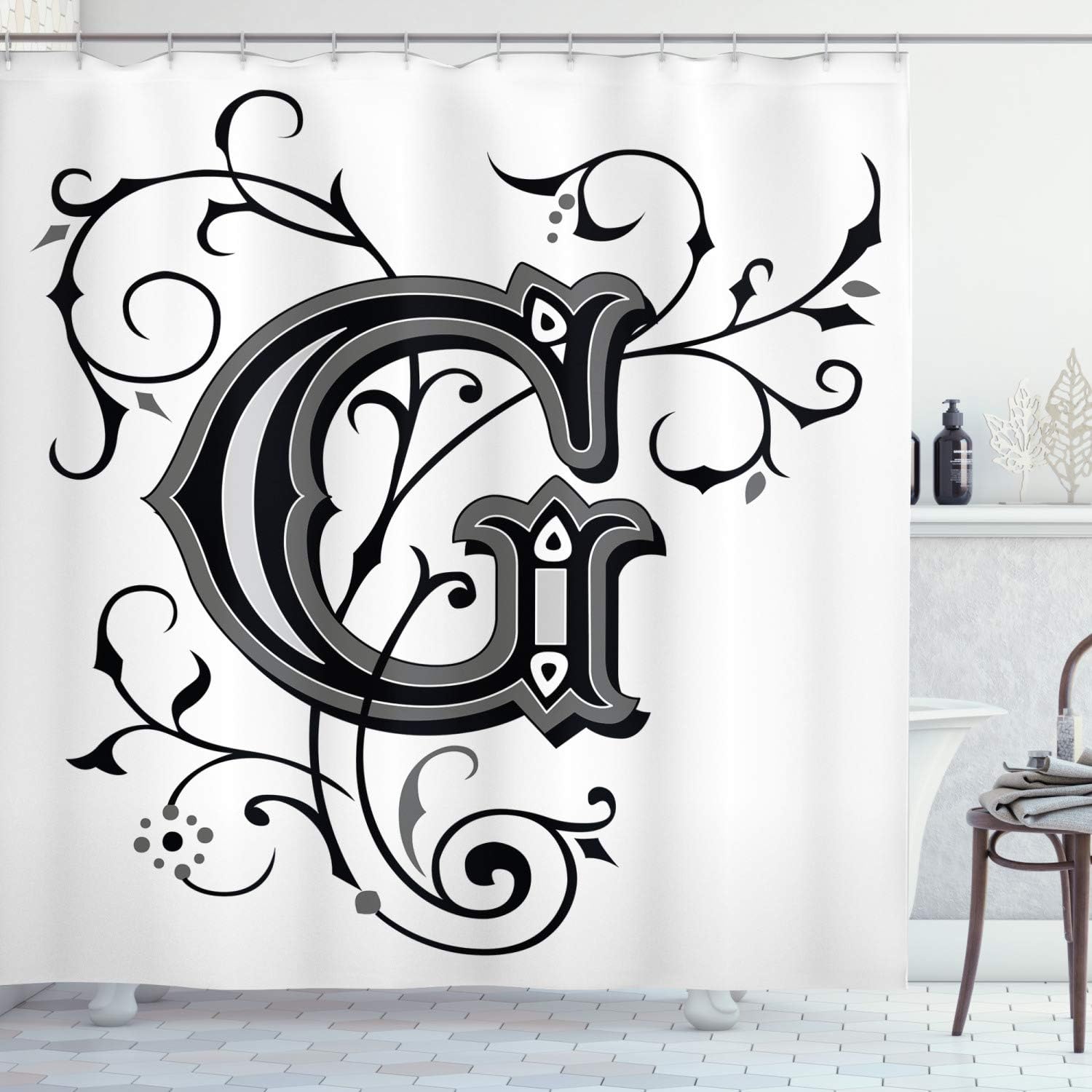 Ambesonne Letter G Shower Curtain, Middle Inspired Uppercase Letter Royal Title Classic Design, Cloth Fabric Bathroom Decor Set with Hooks, 69" W x 70" L, Black Grey White