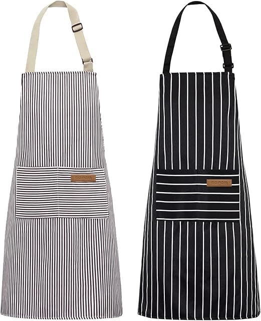 Riqiaqia 2 Pack Kitchen Aprons for Men Women Cooking Baking Painting Housework Apron with 2 Pockets, Black/Brown Stripes