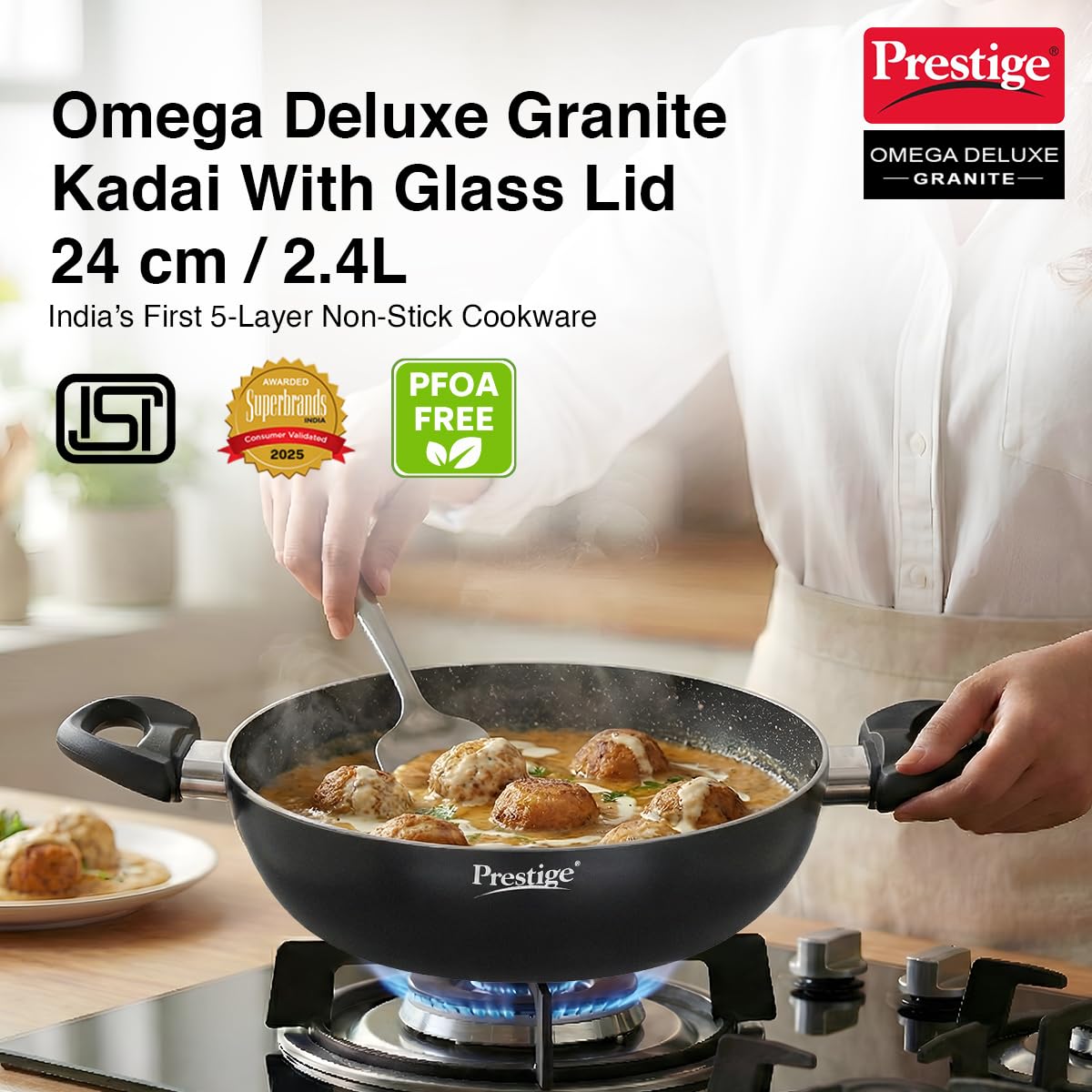 Prestige Omega Deluxe Non-Stick Kadhai | 2.4 litres | Black | Induction Base | Non-Stick Granite Finish | Scratch Resistant | Dishwasher Safe | Metal Spoon Friendly