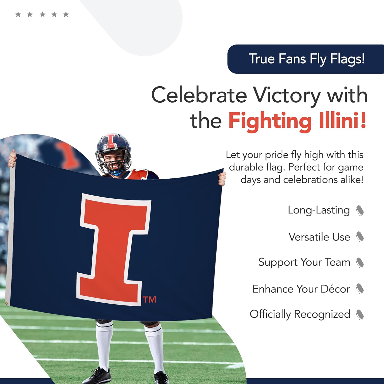 Illinois Fighting Illini College Sports Printed Flag - NCAA Licensed - Nylon - School Banner (Navy Blue, Orange, 4' x 6')