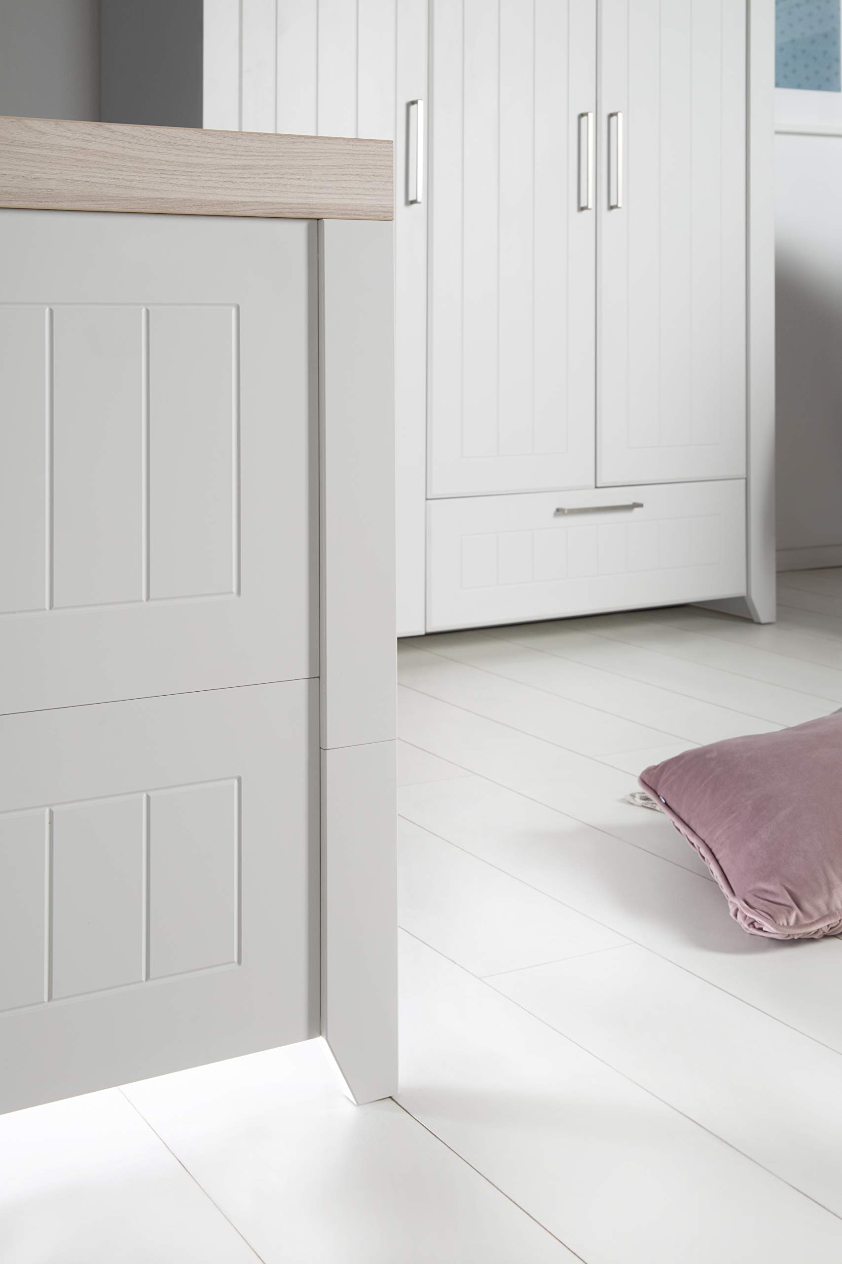 roba Lit Bébé Évolutif en Bois "Helene" - 70x140 cm - Hauteur Réglable - 3 Barreaux Amovibles - Gris clair/Décor Bois