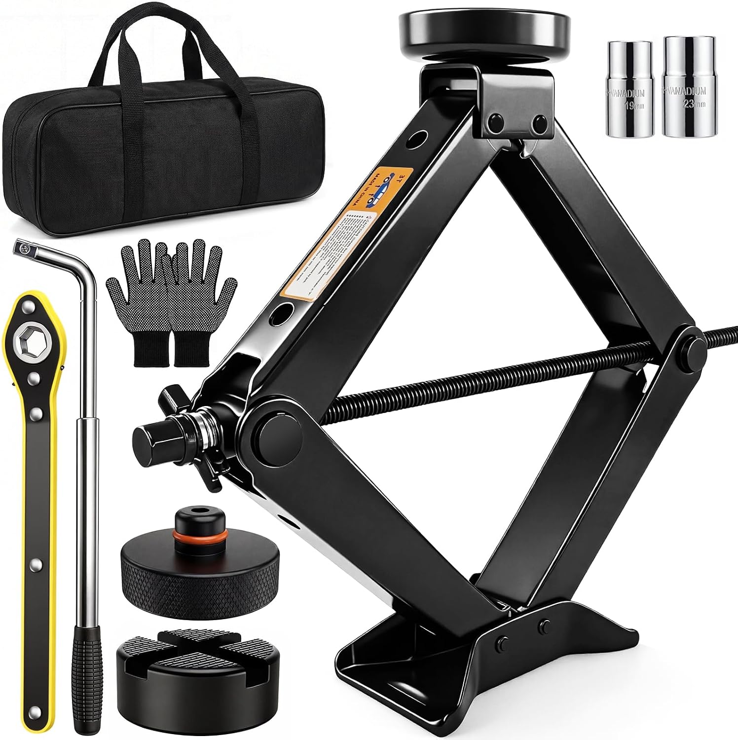 Gato de Tijera 3t, Kit de Gato Coche Universale con Bloque De Goma, Llave de Tuercas de Rueda, Mango de Trinquete, Guantes, Bolsas de Almacenamiento, Gato para Coche SUV MPVTesla