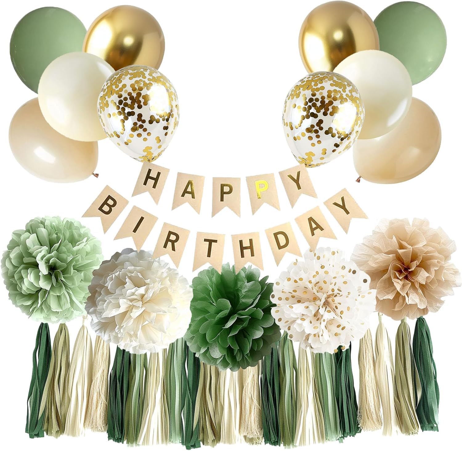 Sage Green Birthday Decorations for Women Adults, Boho Birthday Decorations with Gold Green Balloons Banner Pompoms Paper Tassel