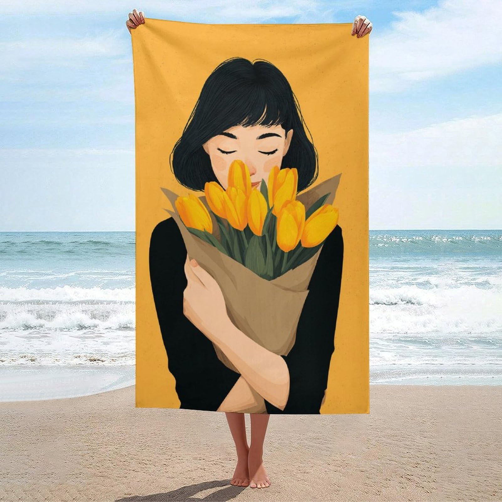 asbwuo Woman Hold Yellow Tulips in Brown Paper Beach Towel