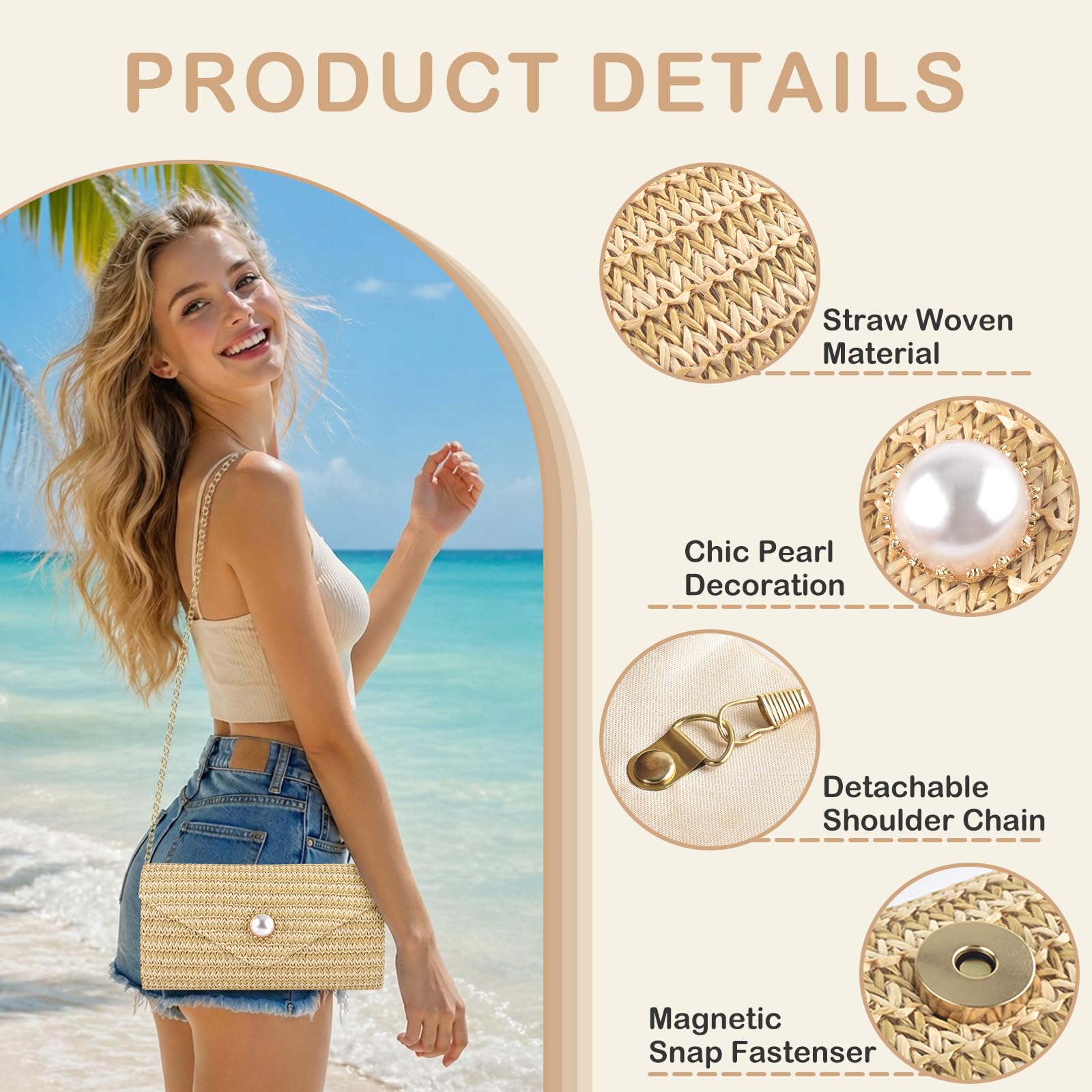 PACETAP Bolso de mano de paja para mujer, decoración de perlas, estilo bohemio, bolso cruzado para playa, viajes, vacaciones, fiesta, baile de graduación