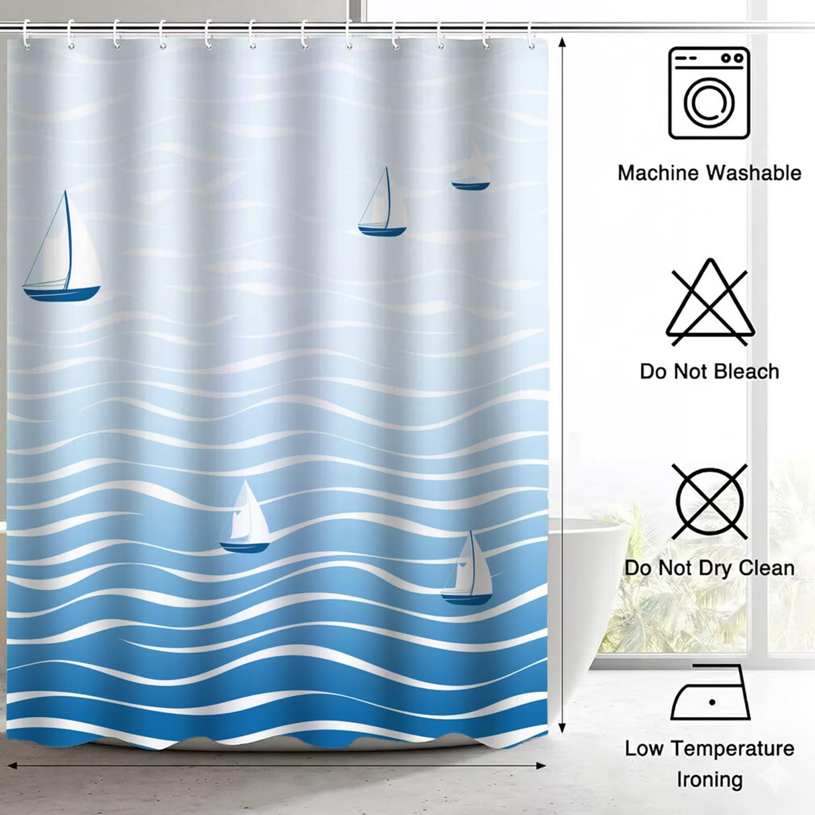 Wasserdichter Duschvorhang Anti-Schimmel 200x240 cm, Waschbar Schnelltrocknend Textil Stoff Polyester Duschvorhang Blau Shower Curtain mit Gewicht und 12 Duschvorhängeringen für Badewanne, Meer J8-408