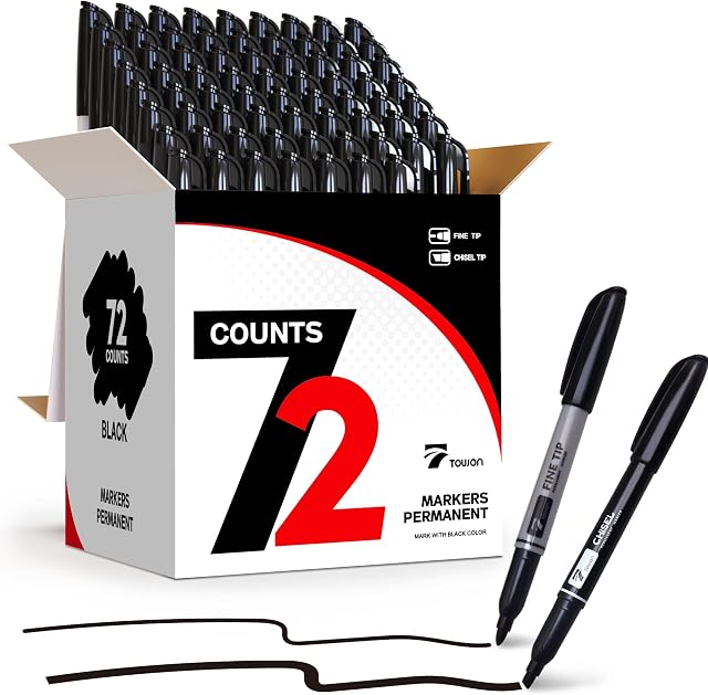 TOWON 72 Pack Black Permanent Marker Pens, Waterproof 64 Fine Point Tip & 8 Chisel Tip, Works on Plastic, Wood, Stone, Metal and Glass, Home Office School