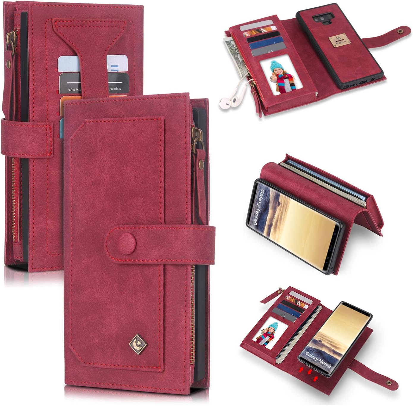 SXTBMR Galaxy Note 9 Flip Wallet Case, Leather Wallet Case Cover with ID+Card Holder Slot and Zipper Wallet Designed Detachable Magnetic Phone Case for Samsung Galaxy Note 9 2018 Phone (Red)