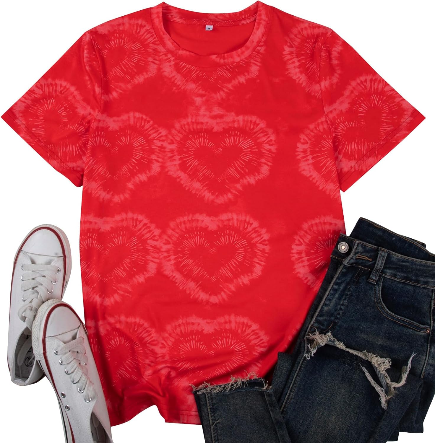 Women Valentines Shirts Tie Dye Heart Graphic Short Sleeve Cute Round Neck Shirt for Women Lover Gift Tops - Image 5
