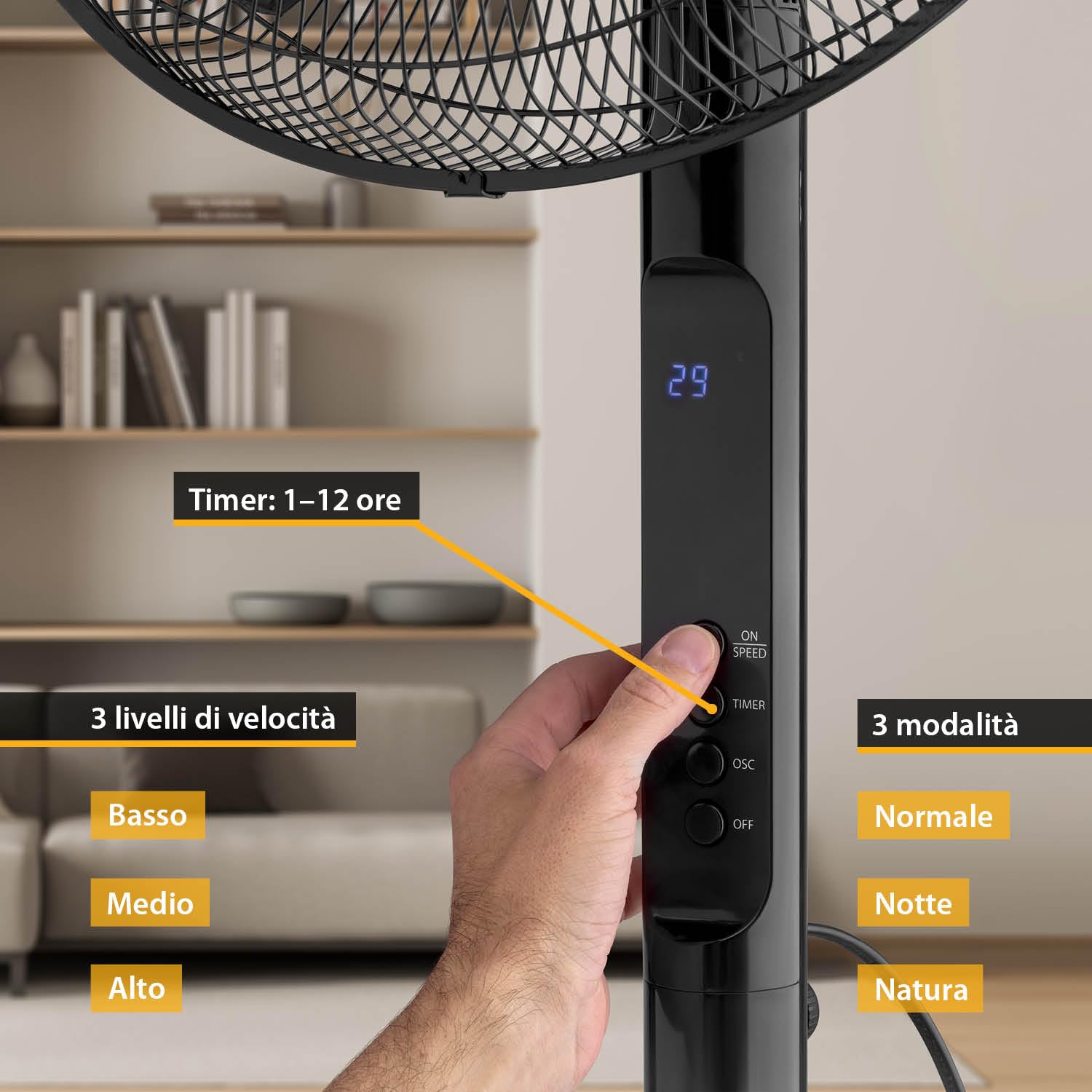 TZS First Austria - Ventilatore a piantana Ø400 mm - 45 W, 3 modalità, oscillazione 100° - Pulsanti, telecomando, timer 1-12 h - 54 dB(A) - nero
