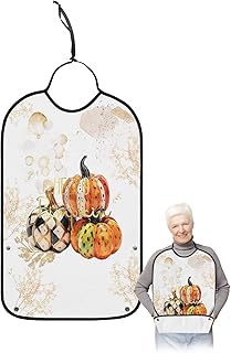 Kewadony Adult Bibs for Elderly Women - Thanksgiving Waterproof Dining Clothing Protectors with Crumb Catcher for Eating/Feeding, Polka Dot Plaid Paint Pumpkin Yellow Ombre Fall Terry Cloth Bib