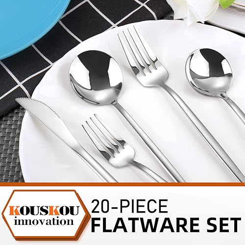 Miniatura 4 de Juego de cubiertos de acero inoxidable de 20 piezas para 4, juego de cubiertos de acero inoxidable pulido con espejo, incluye juego de cucharas y
