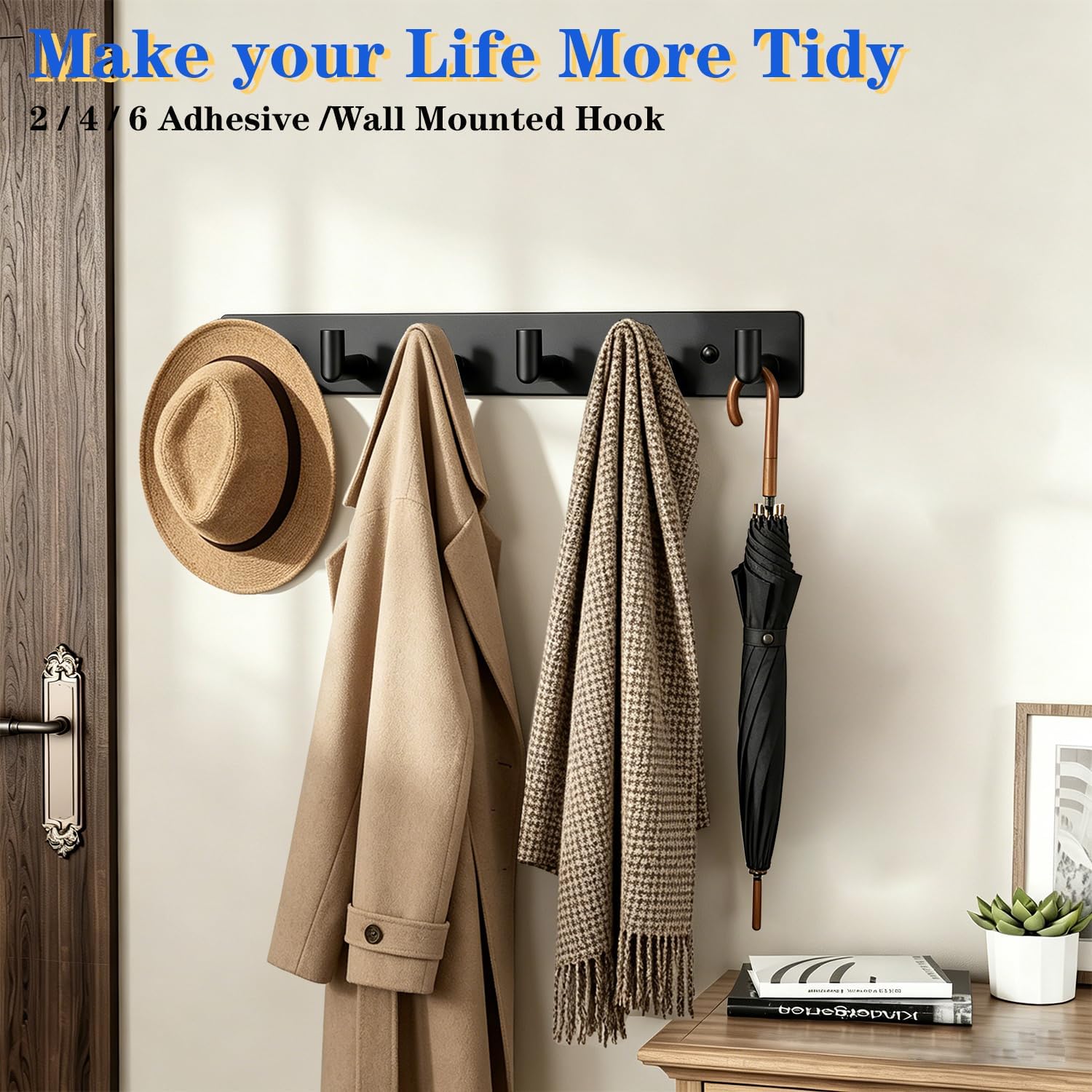 TocTen Coat Rack Wall Mounted - 6 Tri Coat Hooks, Heavy Duty Wall Hooks for Hanging Hat Towel Purse Robes, Stainless Steel Hat Rack Rail Key Holder Towel Racks for Bathroom Entryway Mudroom (Black)