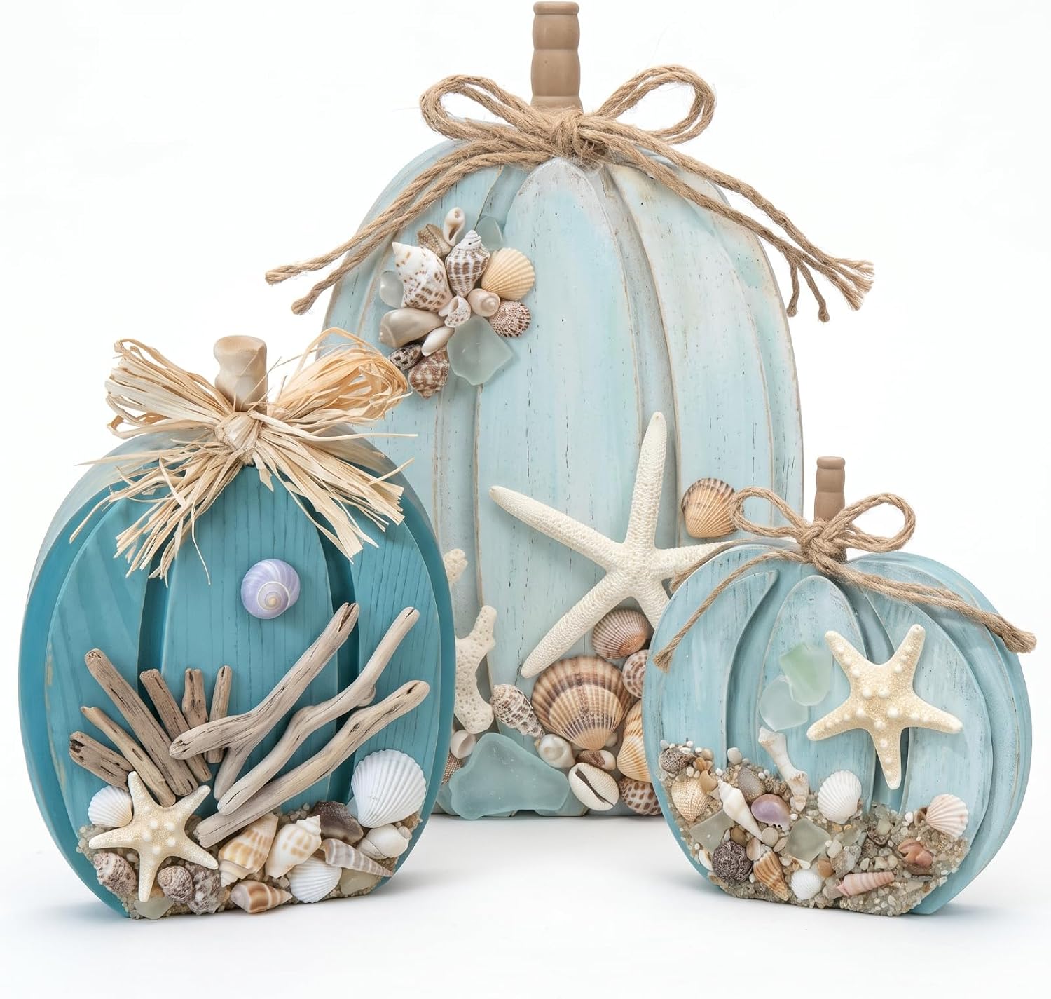 Colingmill 3 Pcs Coastal Fall Wooden Pumpkin Blue Fall Decoration for Home | Blue Wood Pumpkin Sign, Coastal Fall Door Decor, Ocean Starfish Seashell Beach Tabletop Sign, Kitchen Mantel Decor