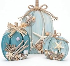 Colingmill 3 Pcs Coastal Fall Wooden Pumpkin Blue Fall Decoration for Home | Blue Wood Pumpkin Sign, Coastal Fall Door Decor, Ocean Starfish Seashell Beach Tabletop Sign, Kitchen Mantel Decor