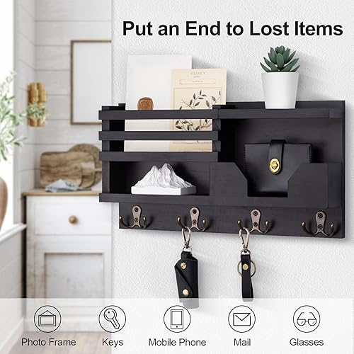 Miniatura 2 de Soporte decorativo para correo y llaves para pared, organizador decorativo de entrada de 15.9 x 8.7 x 3.2 pulgadas con estante, madera de paulownia