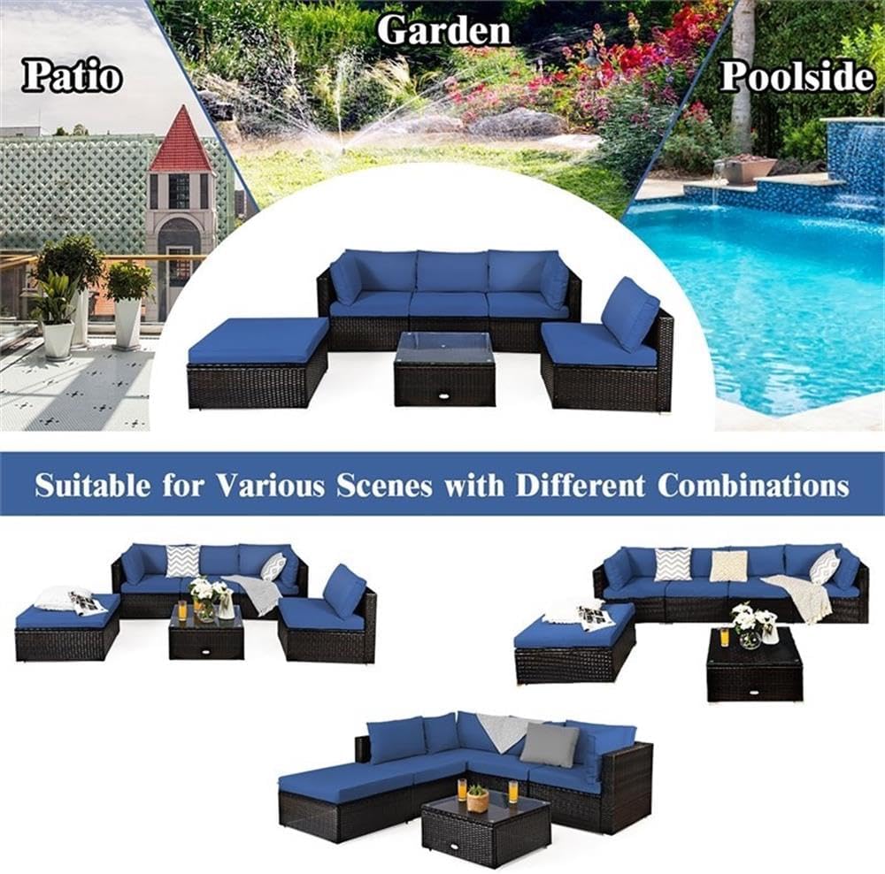 Pemberly Row 6-Piece Rattan Patio Furniture Set – Modular Outdoor Sectional Sofa with 2 Armless Seats (26 in) and 2 Corner Seats (30 in), Navy, for Spacious Outdoor Seating