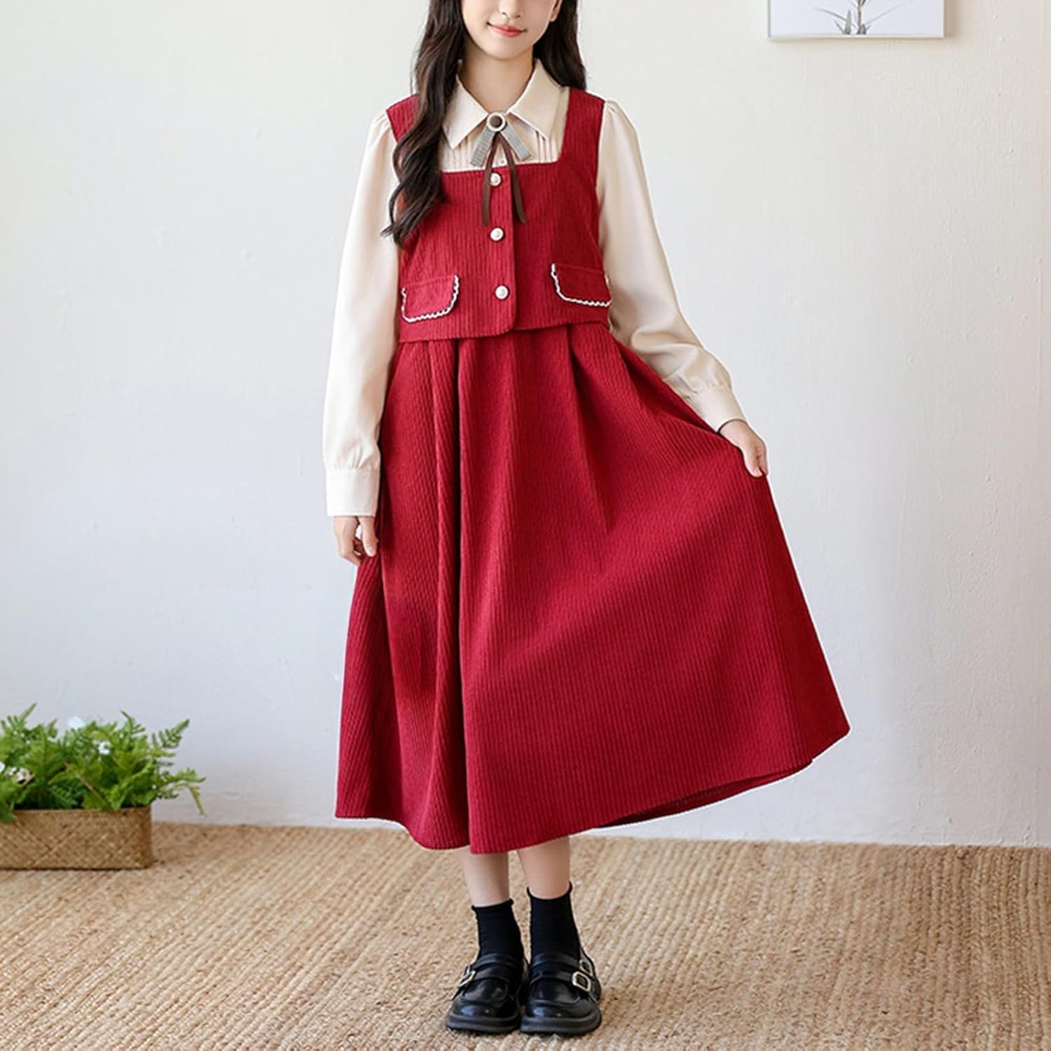 Girls Corduroy Overall Dress Teen 2 Piece Long Sleeve Button Down Dresses Set Spring Fall Casual Vintage Clothes Outfit