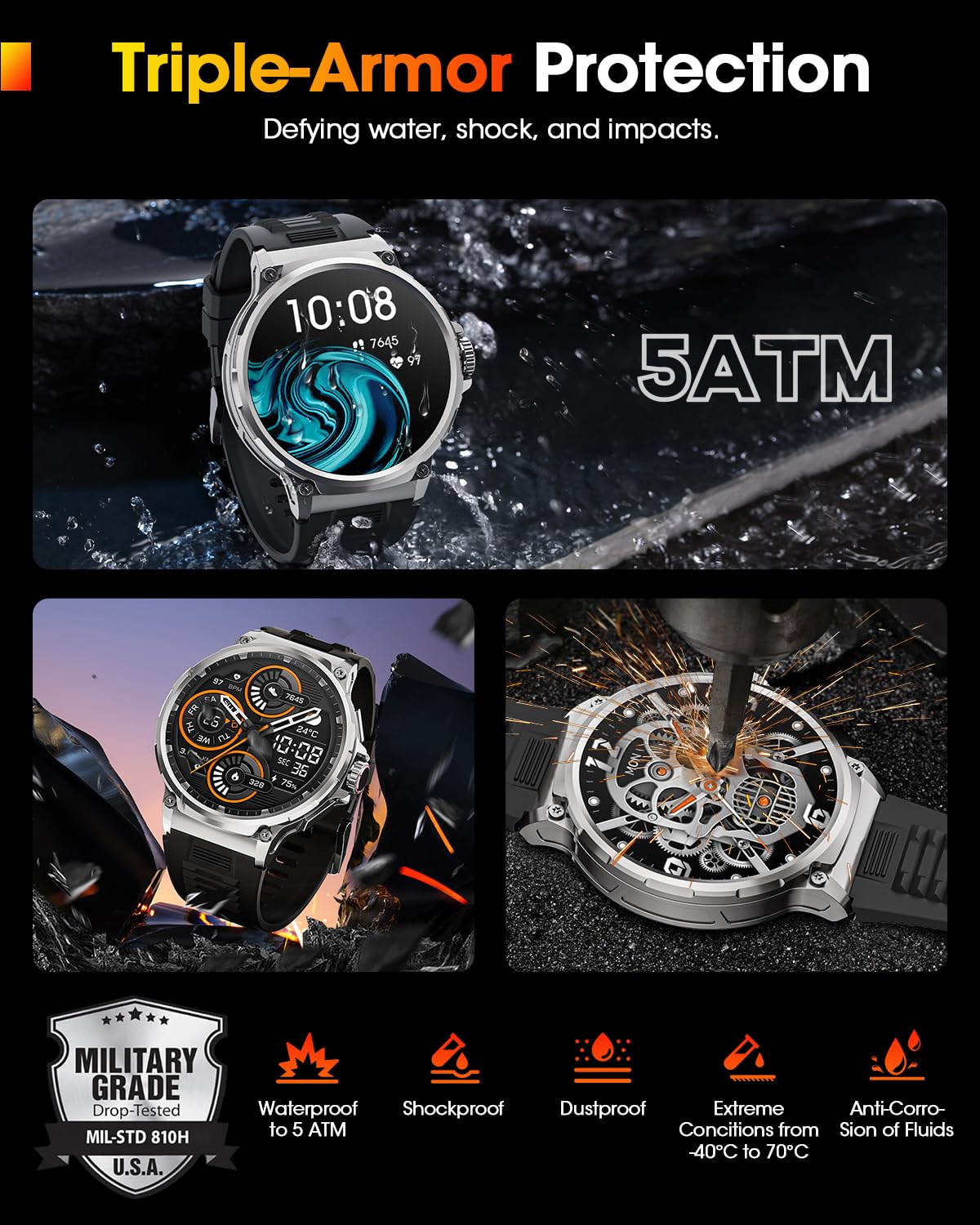 Reloj Inteligente Hombre Militar con 1000mAh, 1.92" HD Smartwatch con Llamadas, 120+ Modos Deportivos, 5ATM Impermeable, Pulsómetro, Sueño, Podómetro, Peso, Pulsera Actividad Android iOS Plata