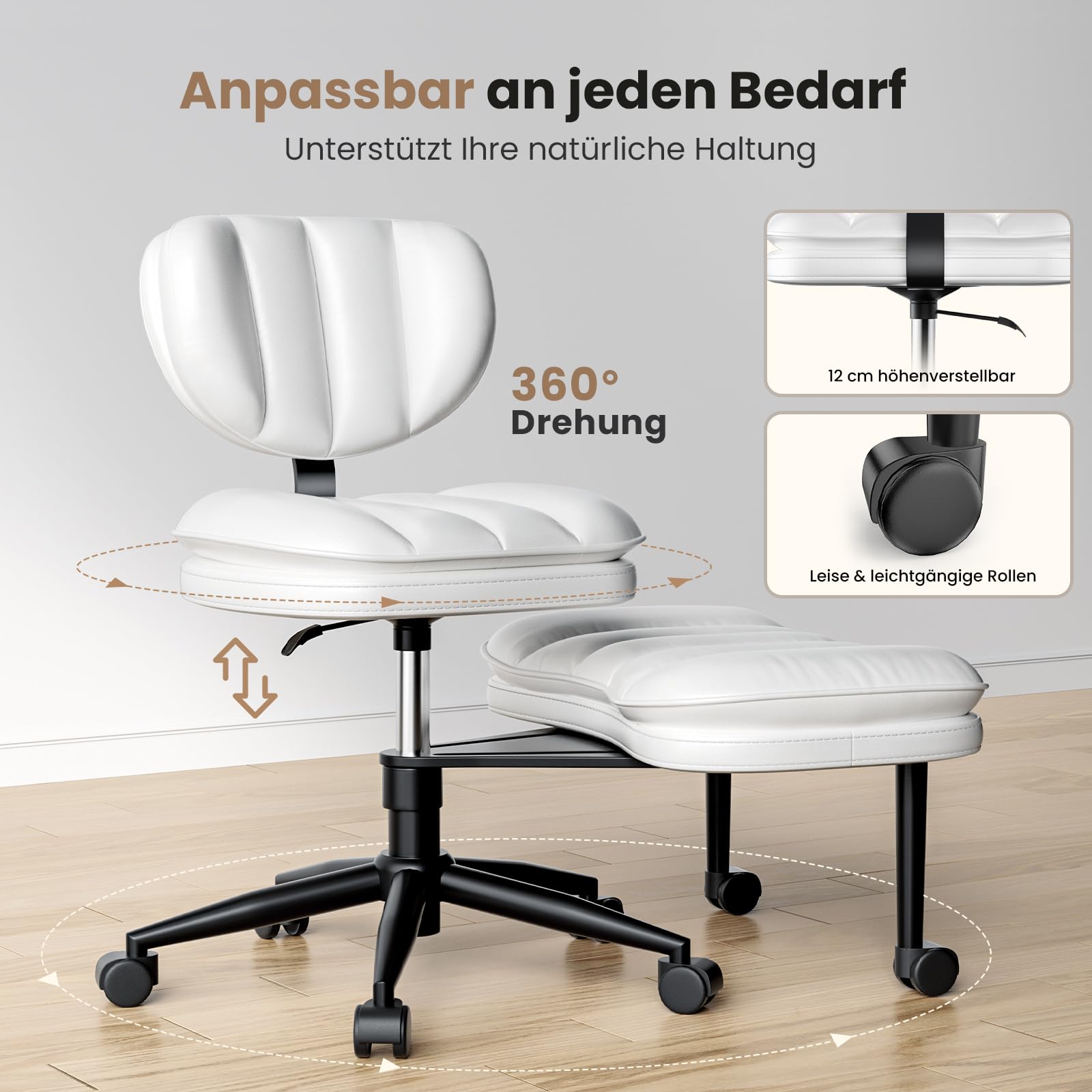 HOMRELEXA Cloud Criss Cross Chaise de bureau, ergonomique, avec roulettes, hauteur réglable, pivotante à 360 °, pour ADHD, chaise de méditation avec soutien dorsal Blanc