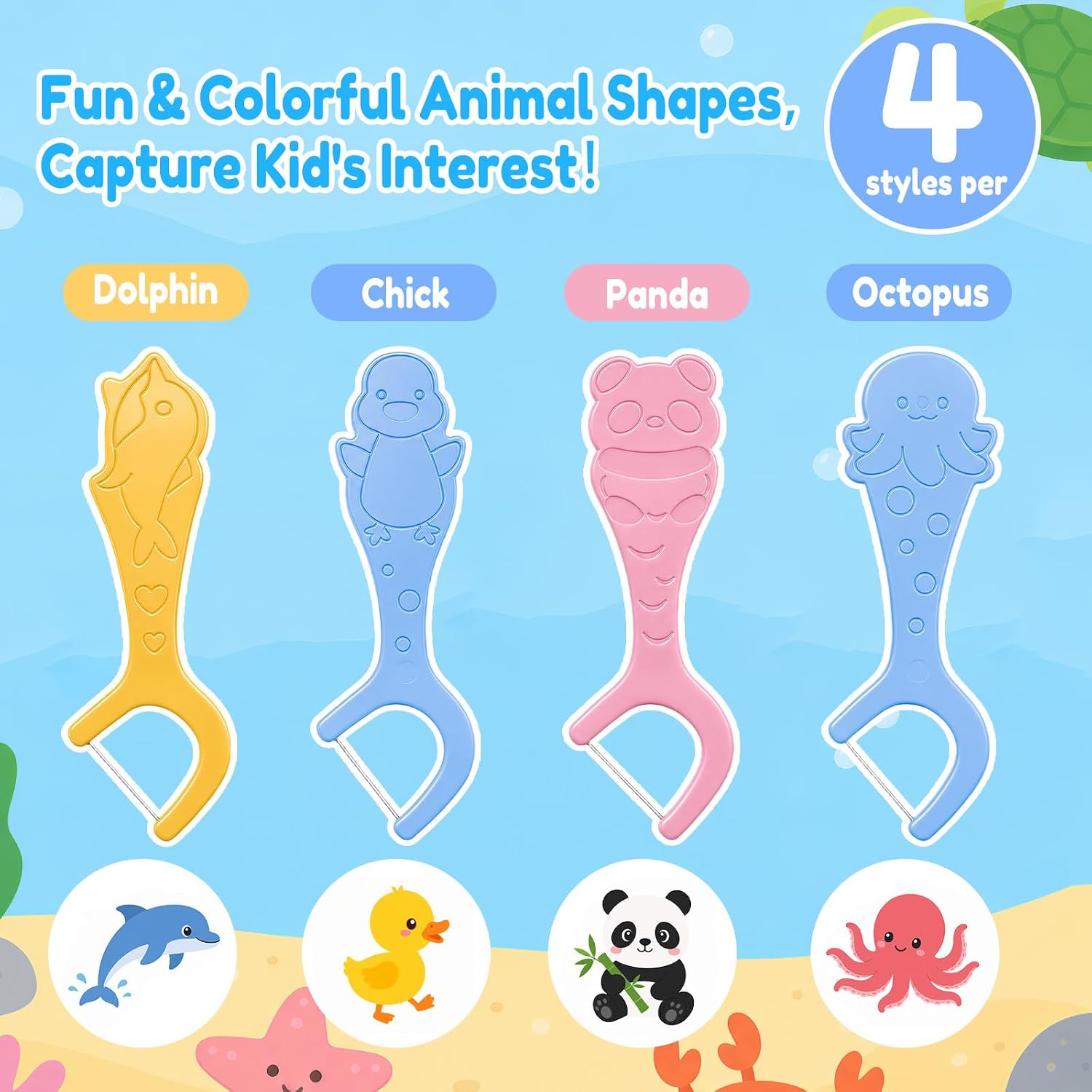 Individually Wrapped Floss for Kids 3 Colors Bulk Kids Flossers Baby Floss Toddler Flossers Cute Animal Shapes Helps Prevent Tooth Decay & Gum Diseas for Family Travel Picnics (500)